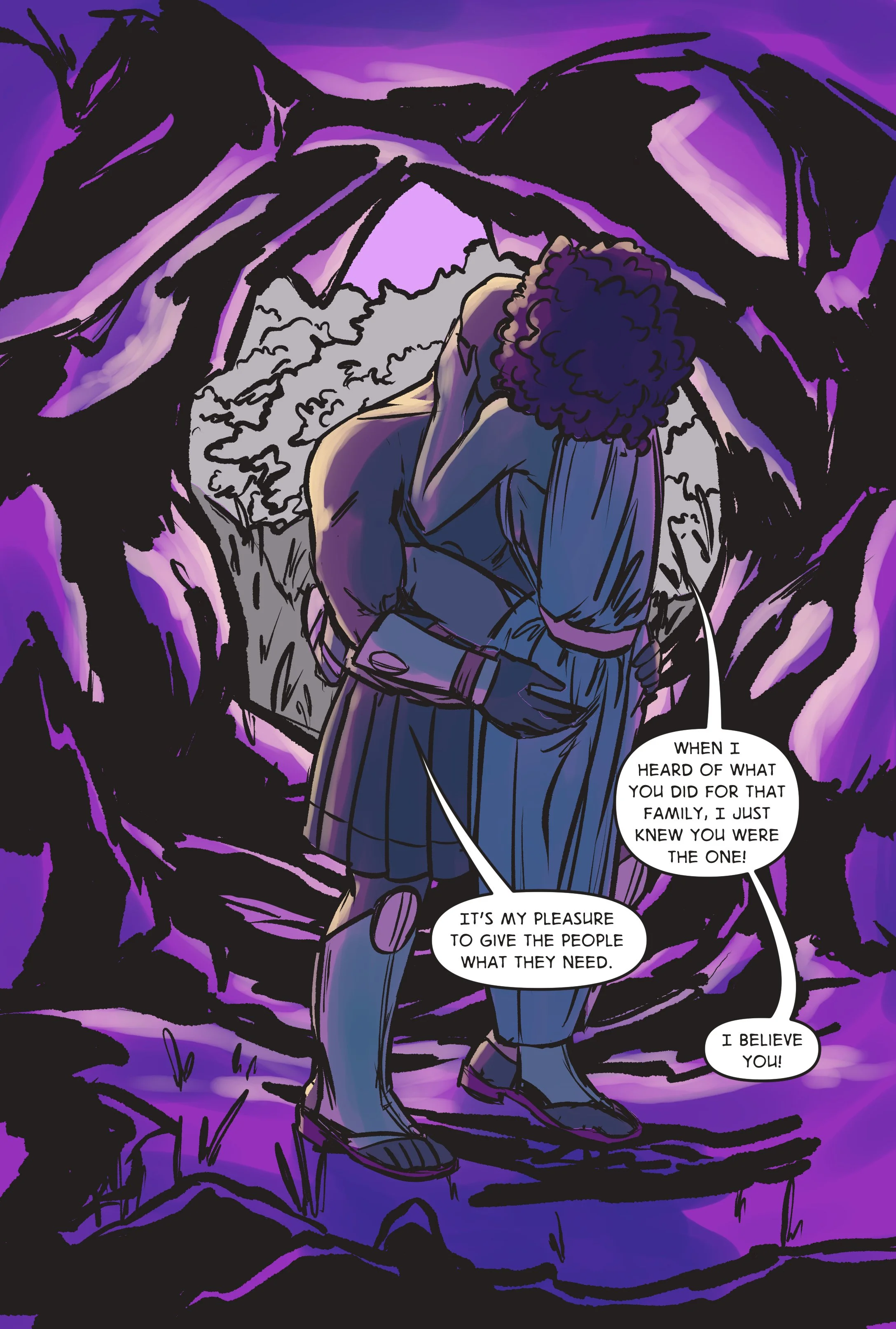 Two adult people enwrapped in each other's arms while walking into a cave.