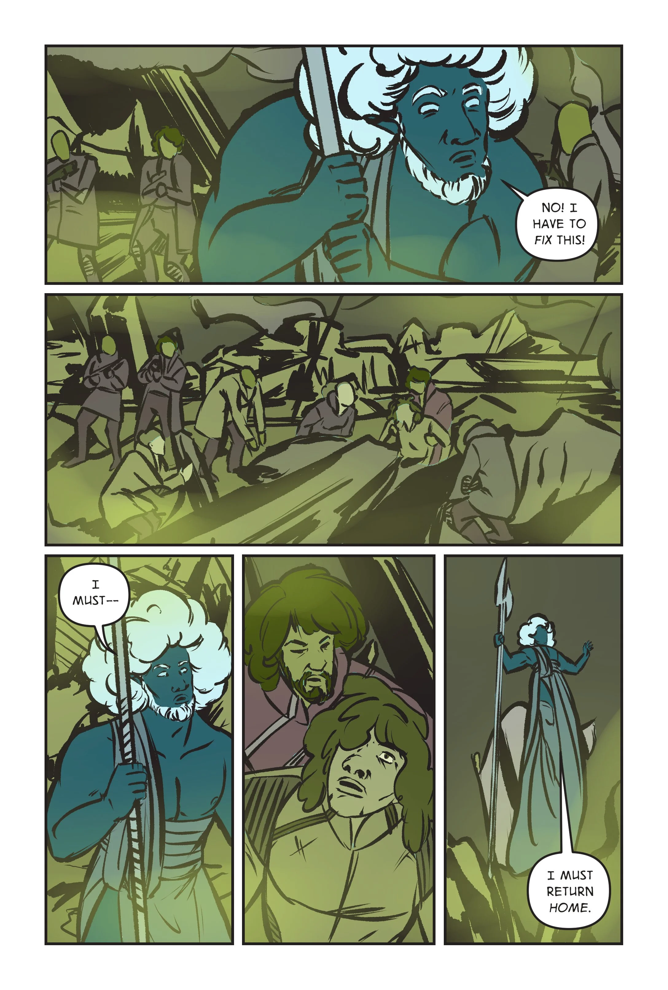 Group of armed figures surround the dark-skinned man, and others help pull the woman from under the fallen debris. The dark-skinned man flies away.