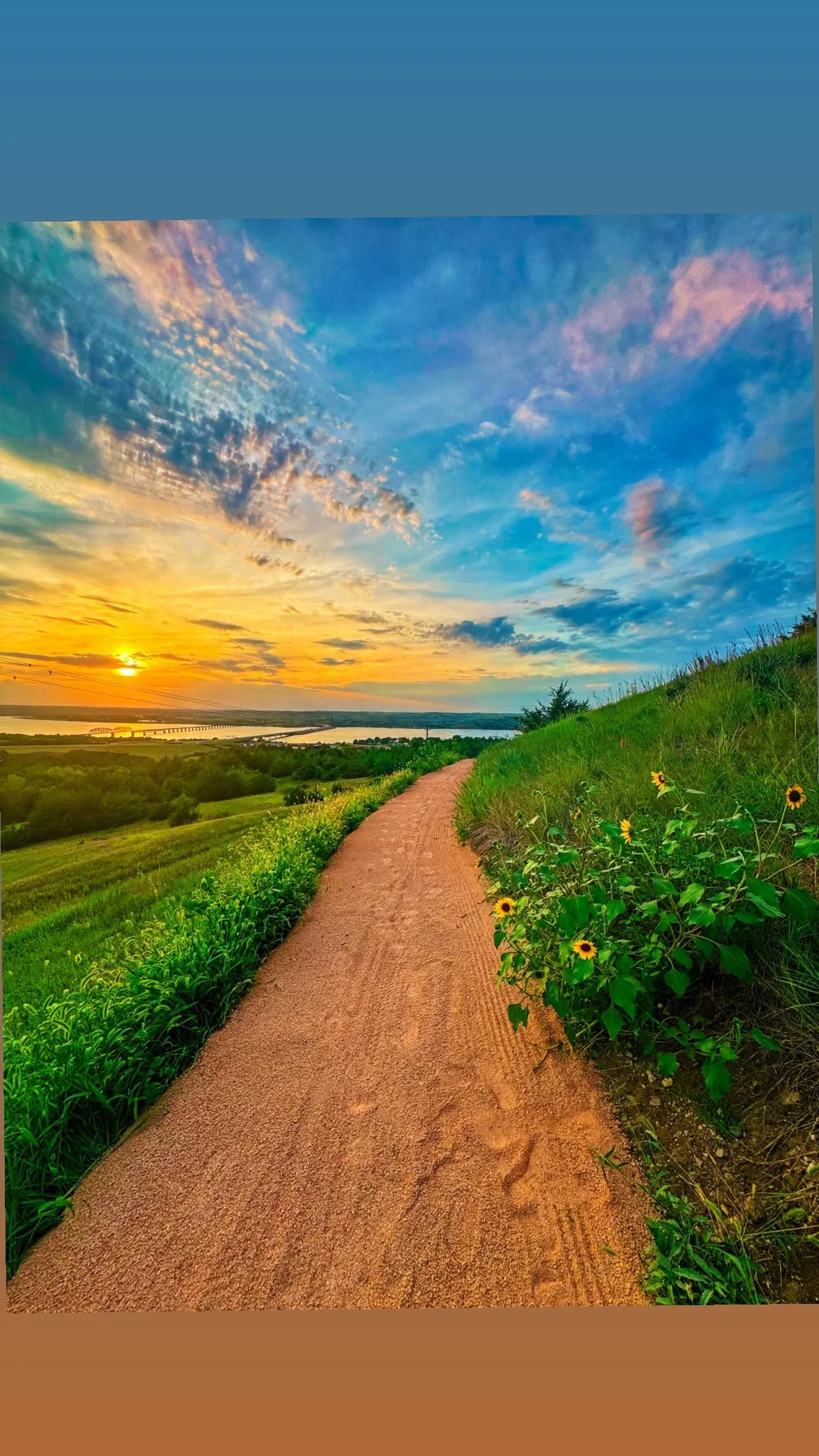 A dirt path winding through green hills with yellow flowers on the right, a river in the distance, and a colorful sunset sky with clouds.
