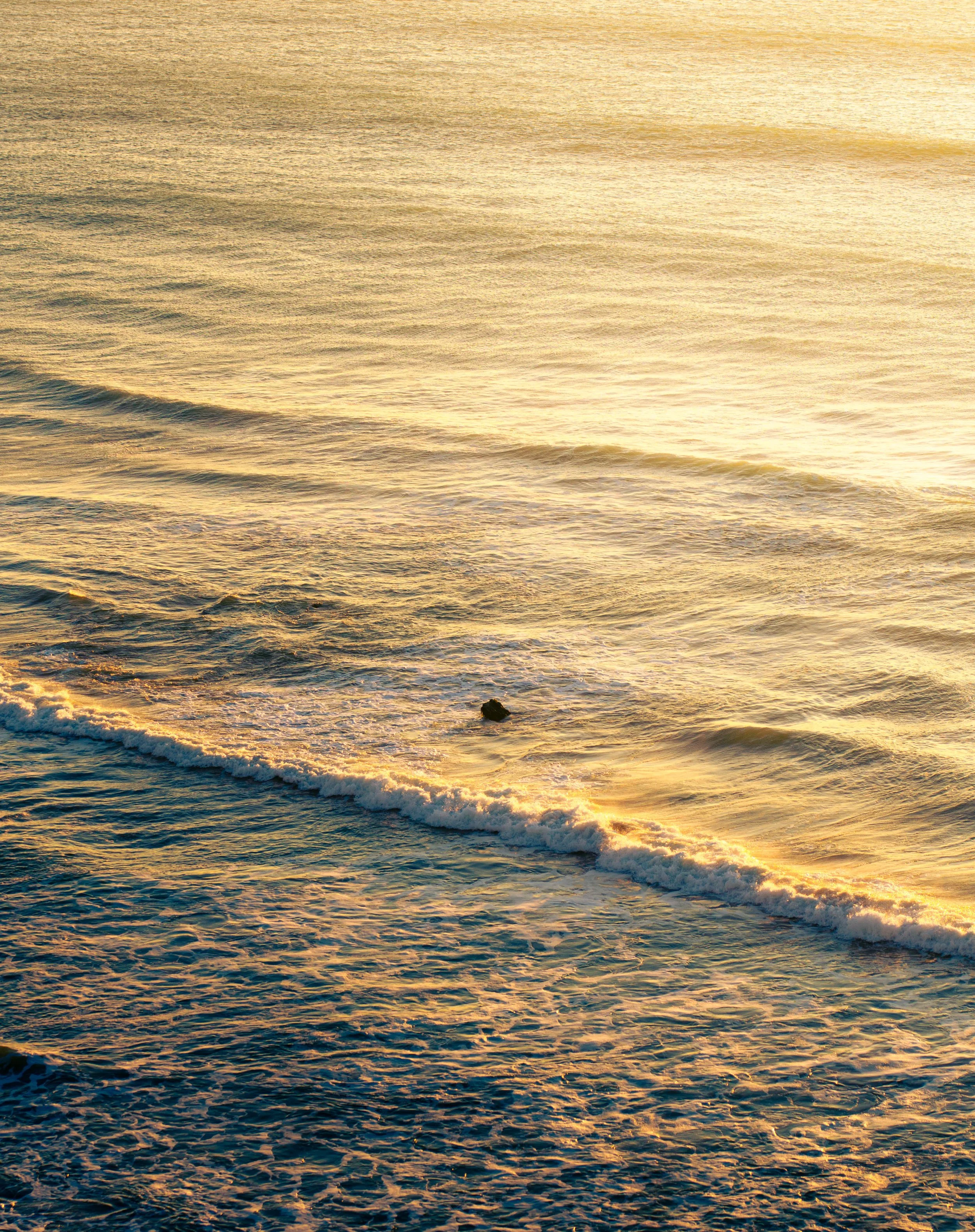 Golden sunset over ocean with small waves and a rock in the foreground.
