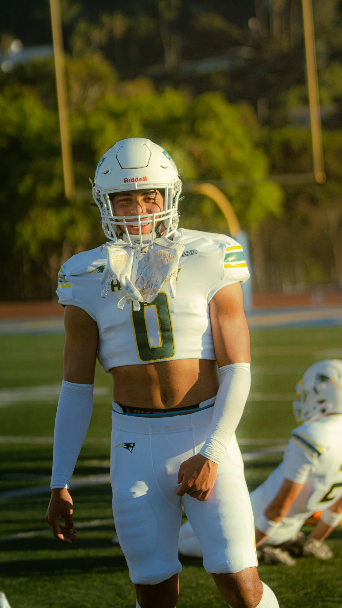 A football player wearing a helmet and jersey standing on a football field during a game.