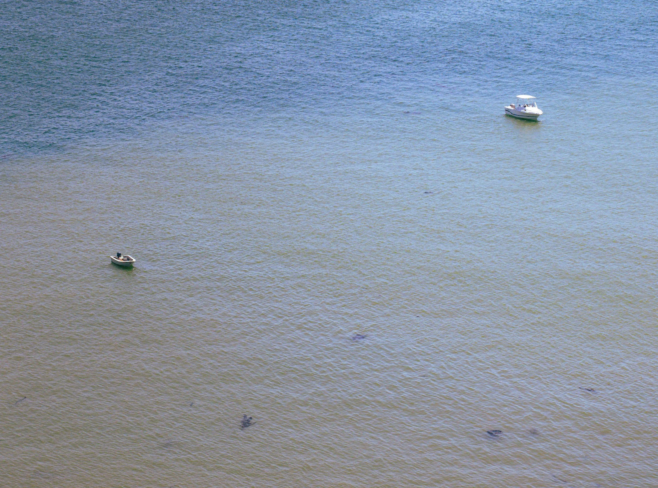 Two boats floating on calm water viewed from the shore, with a shoreline at the bottom of the image.