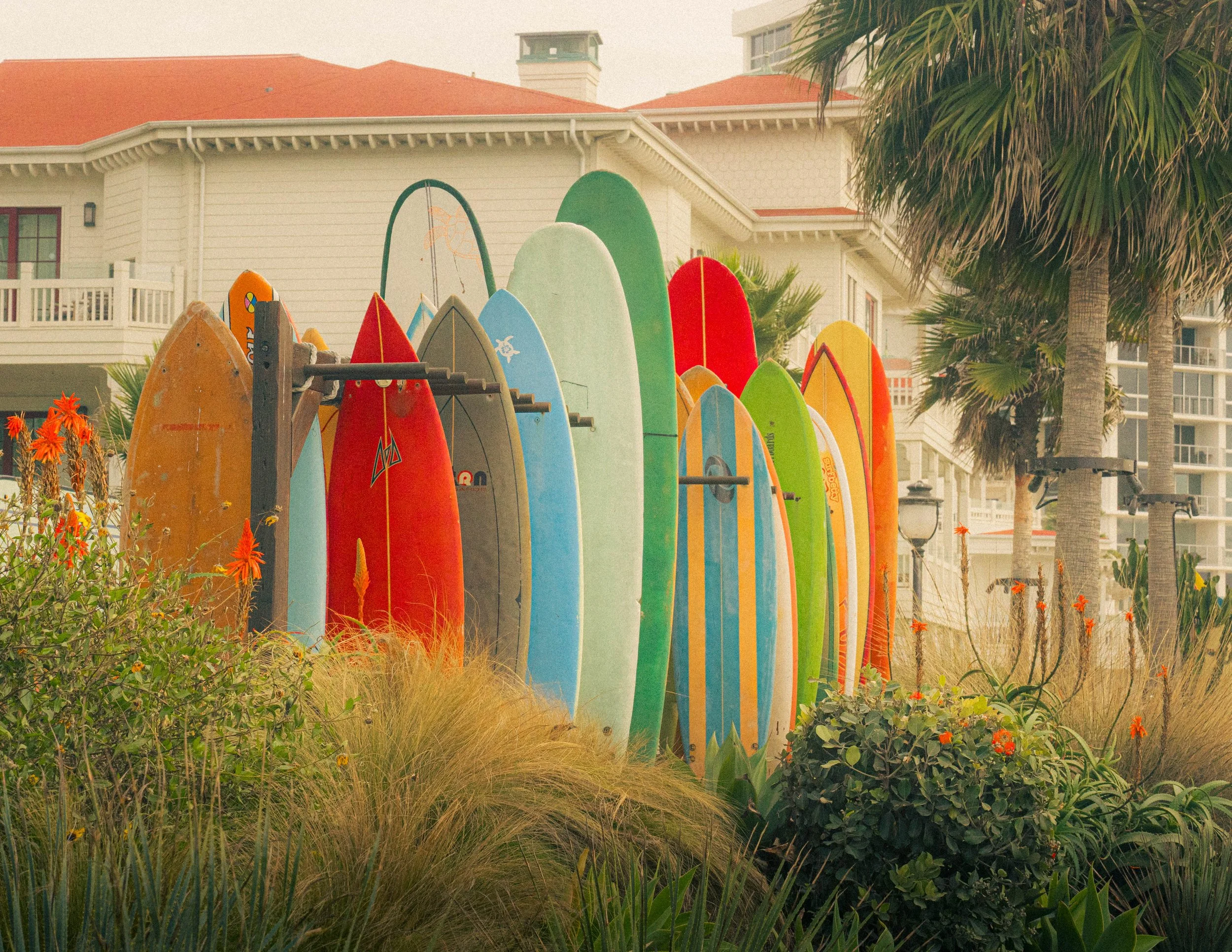 Colorful surfboards leaning against a fence surrounded by lush plants and flowers with a large house and palm trees in the background.