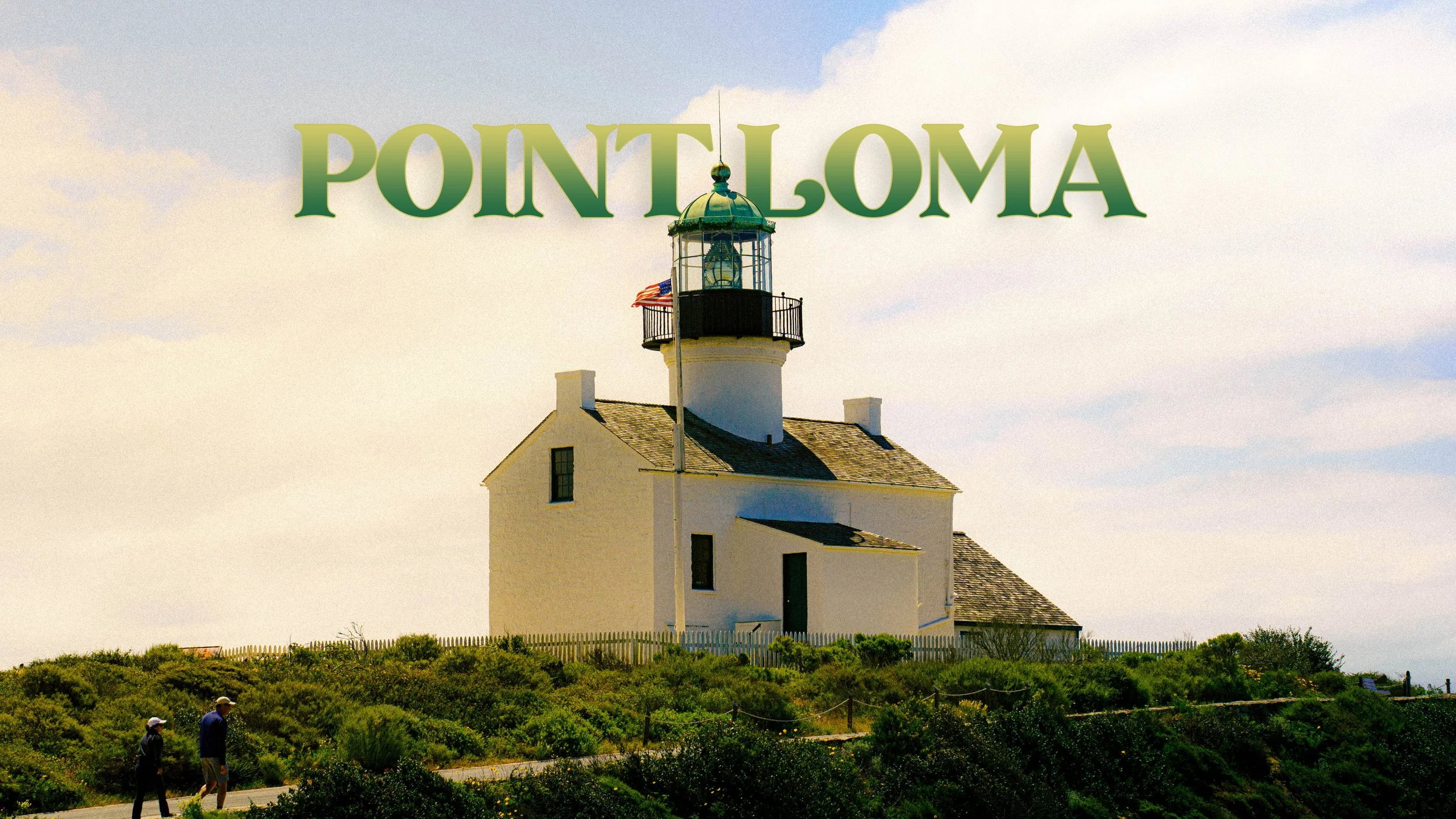 A lighthouse with a white building and green top, situated on green shrub-covered terrain, under a partly cloudy sky, with a large 'PONTILOMA' text overlay.