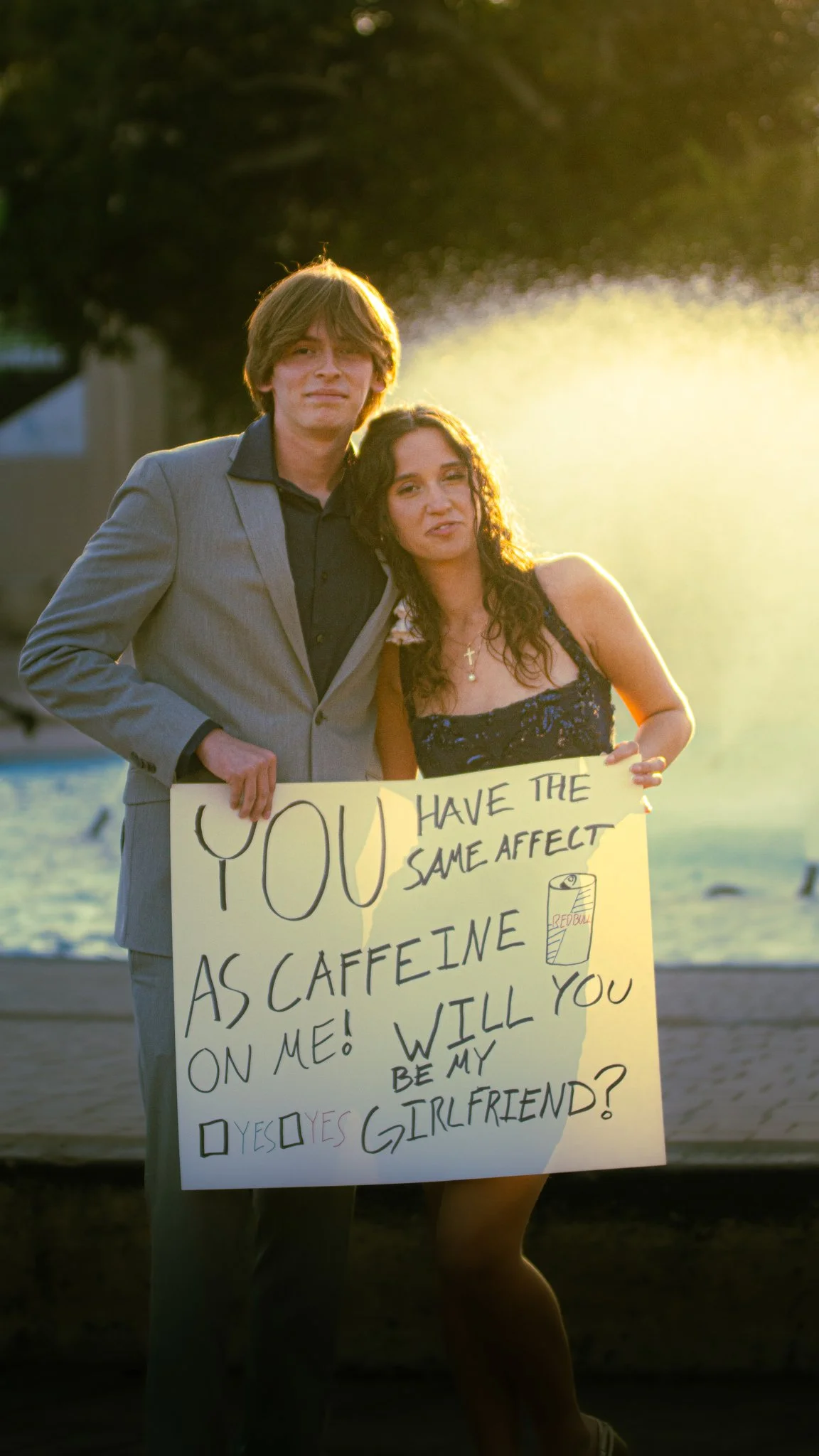 A young man in a gray suit and a young woman in a black dress with curly hair holding a protest sign by a river at sunset. The sign has handwritten text asking if she should be his girlfriend and includes checkbox options for yes and no.