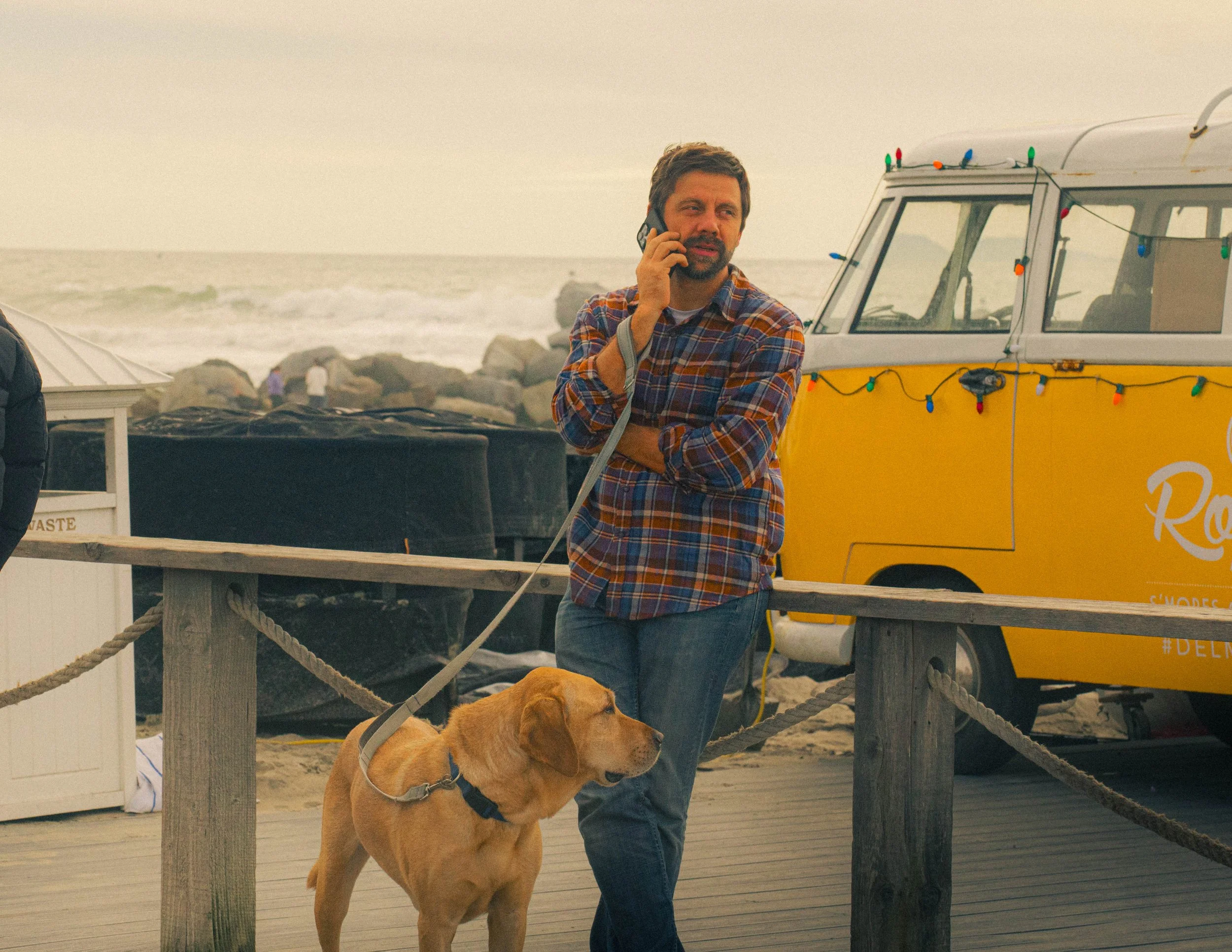 A man with brown hair and a beard talking on a cell phone on a beach, with a yellow food truck decorated with multicolored string lights in the background, and a brown dog on a leash nearby.