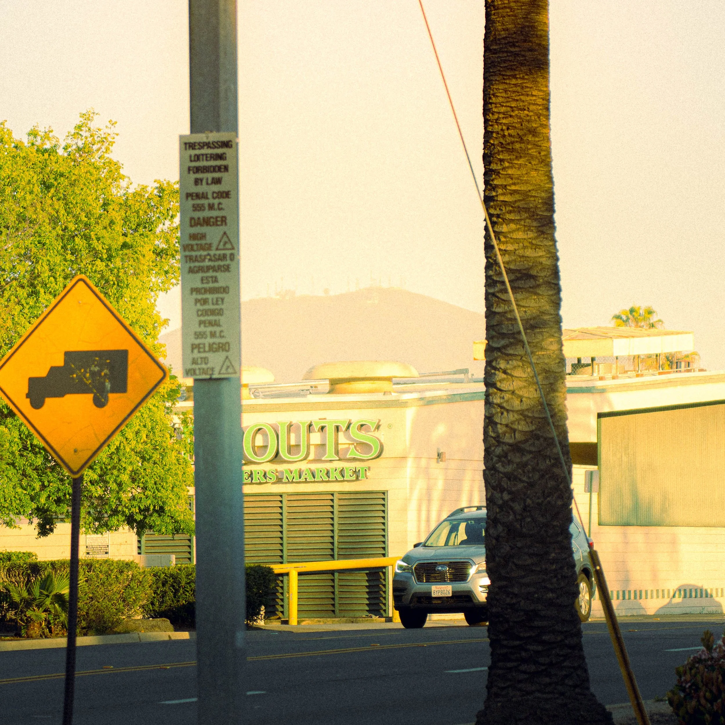 A street scene with a parking lot and a large palm tree in the foreground. There is a yellow warning sign with a truck symbol, and a pole with a warning sign about high voltage and law restrictions. In the background, a building with a sign reading '