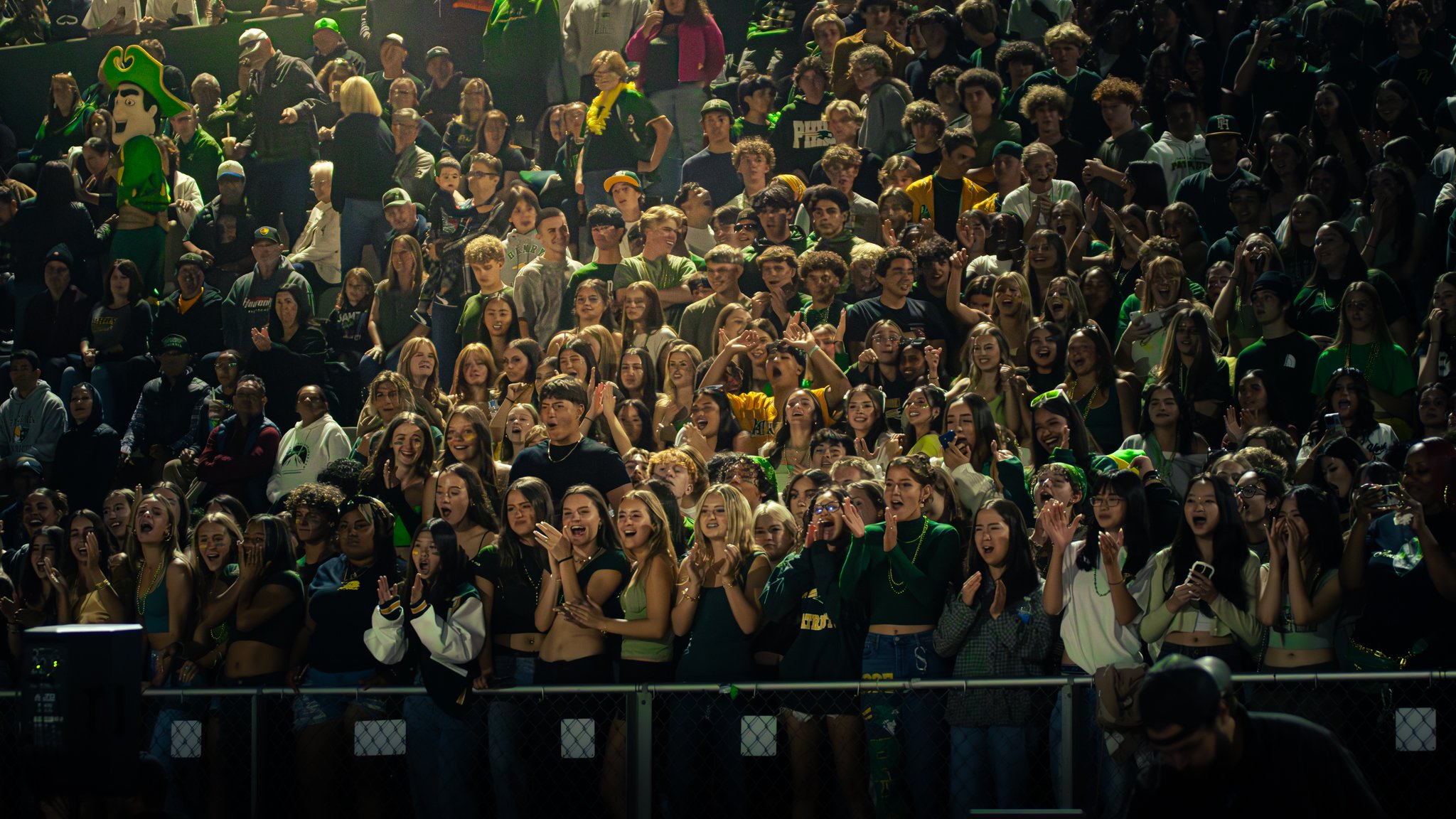 A large crowd of sports fans gathered in stadium, many fans dressed in green, cheering, laughing, and celebrating. Some fans are wearing team merchandise and accessories, and a mascot dressed in green is visible on the left side.