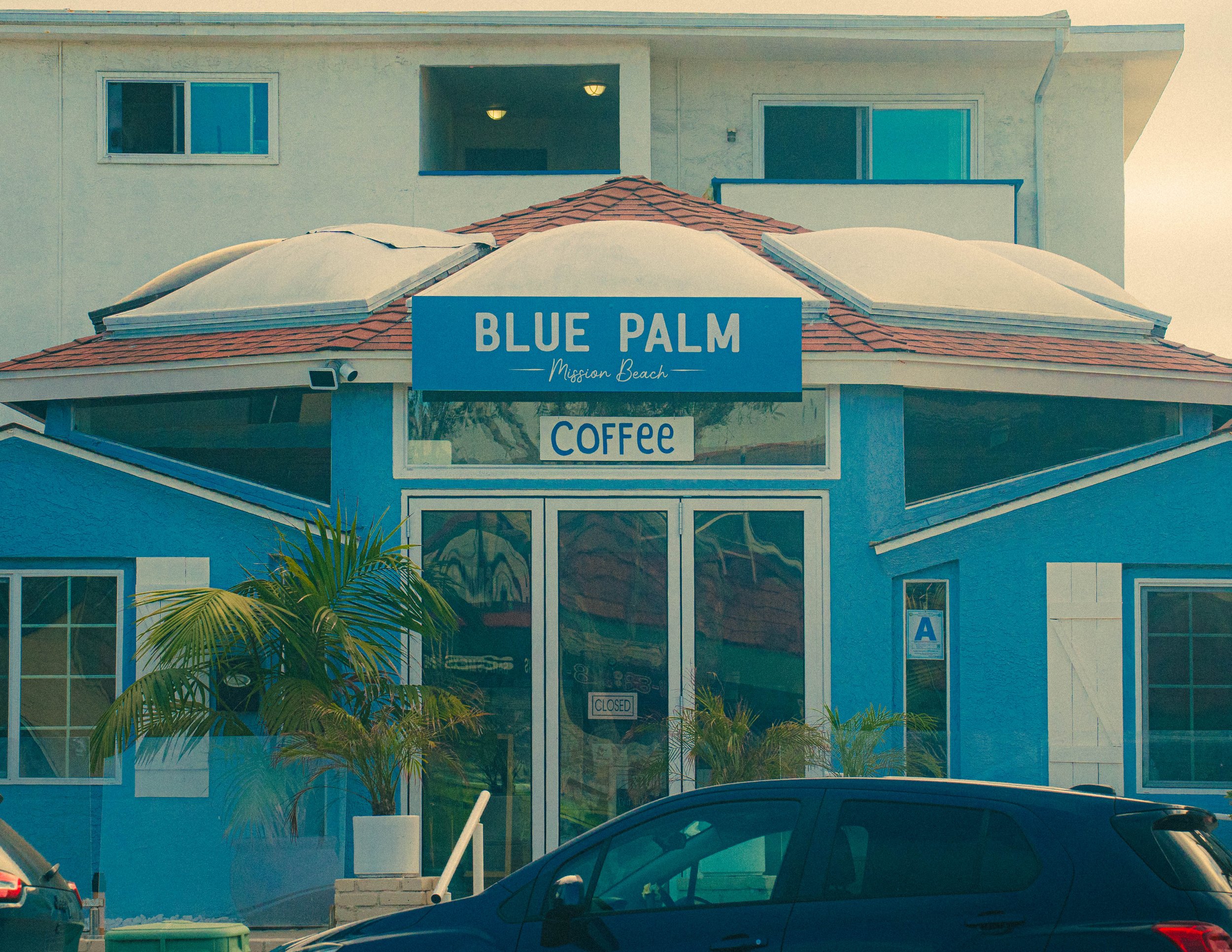 Exterior of a blue building with a sign that reads 'Blue Palm Mission Beach' and a smaller sign below that says 'Coffee'. There are several palm trees and cars parked in front of the building.