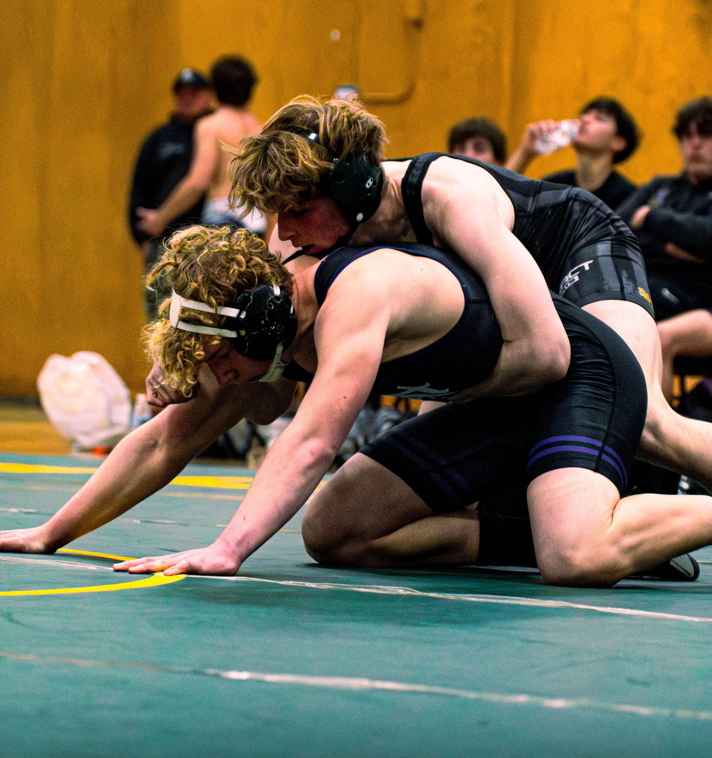 Two wrestlers in black singlets on a wrestling mat in a gym, with spectators in the background. One wrestler is bent over, the other is on top, both gripping the mat during a match.