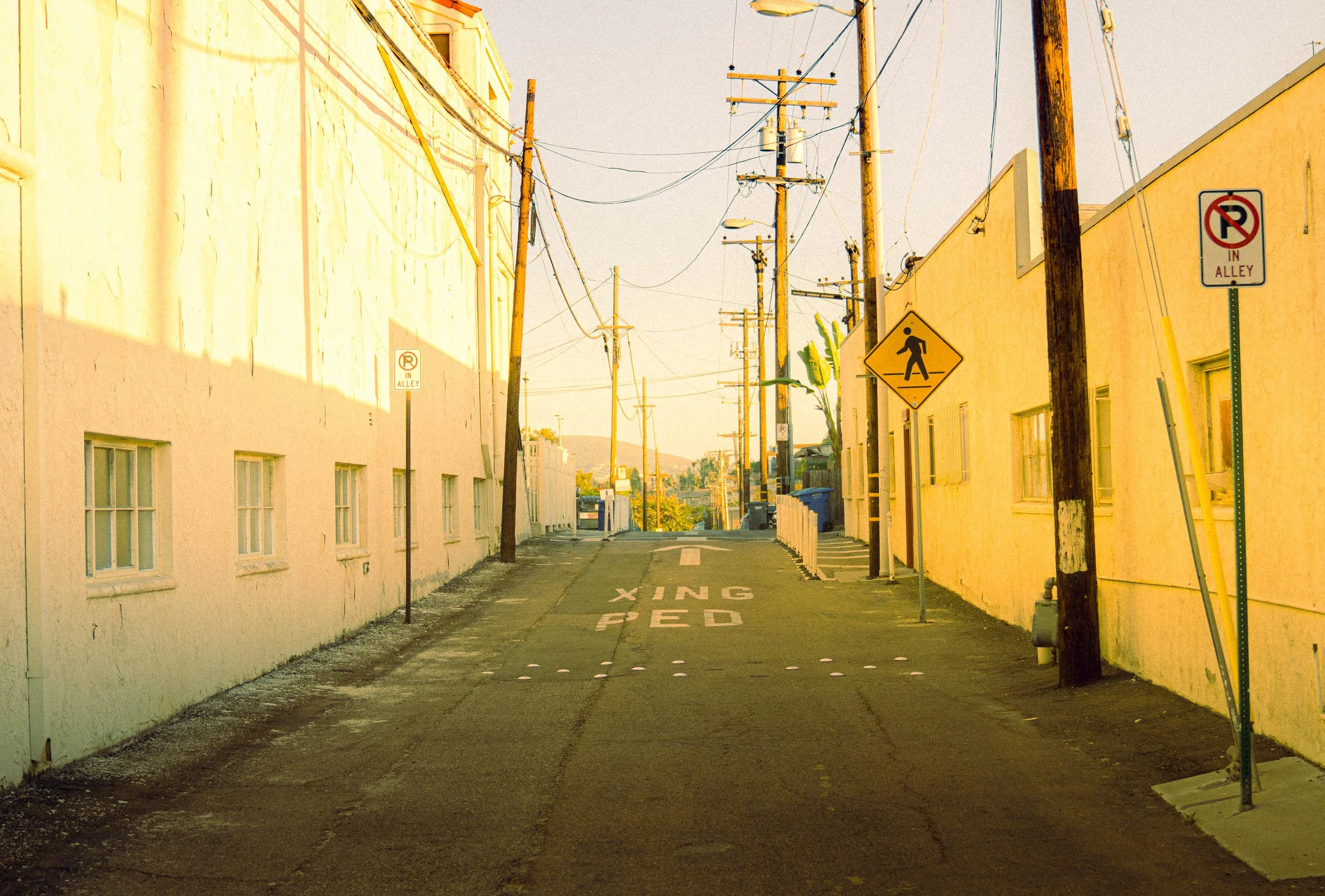 Empty alleyway with utility poles and street signs, including 'No Parking in Alley' and 'Walking Pedestrians', and buildings with white and yellow walls on either side, under a clear sky.