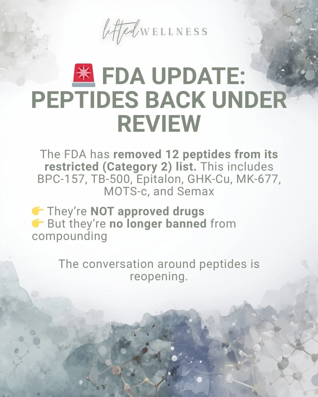 An important update for anyone following the peptide space. 👀 

While these compounds are still under evaluation and not FDA-approved, this shift signals growing momentum toward clinician-guided peptide research. Stay informed, stay curious and alwa