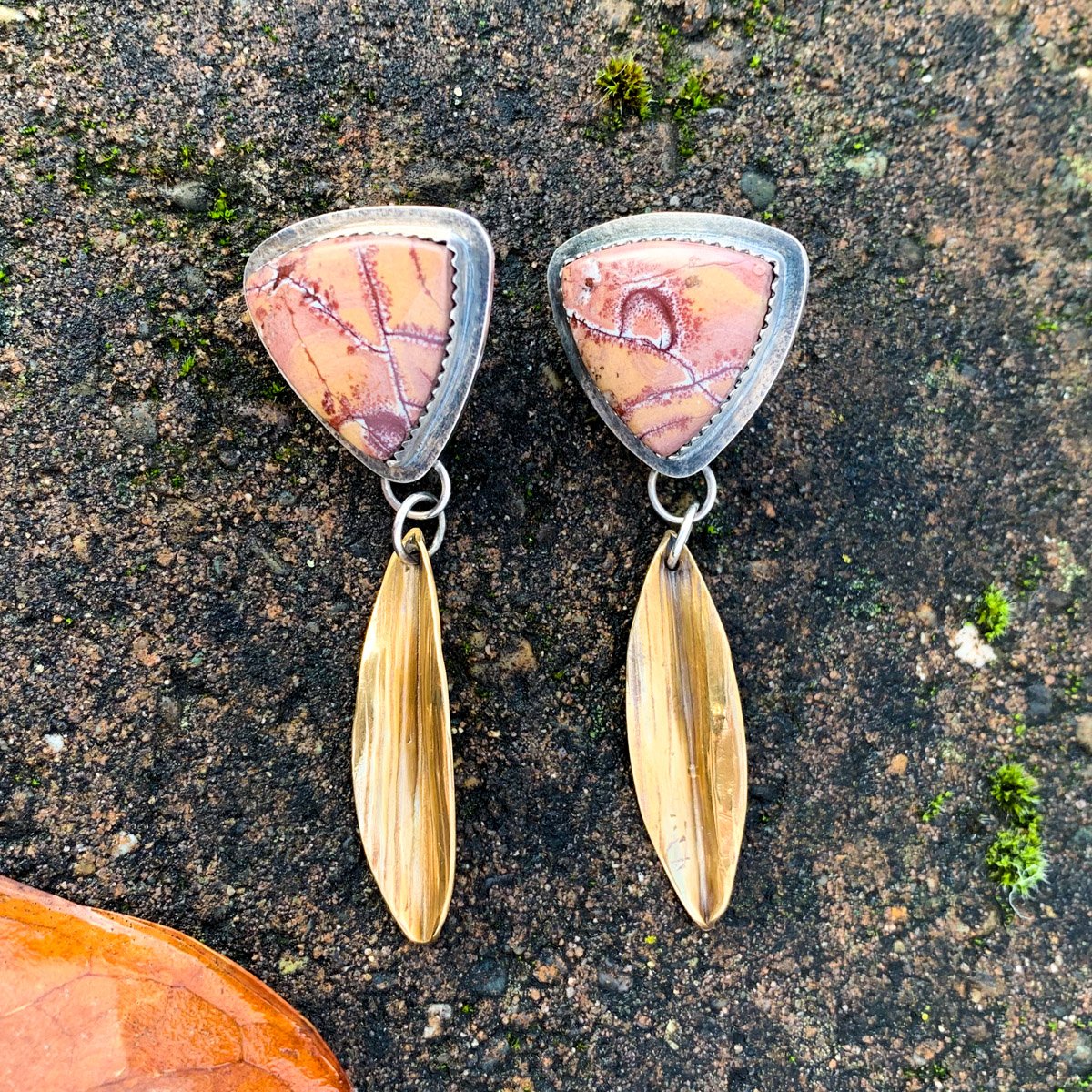 Dendritic Rhyolite Earrings w Brass Petal Dangles-2.jpg