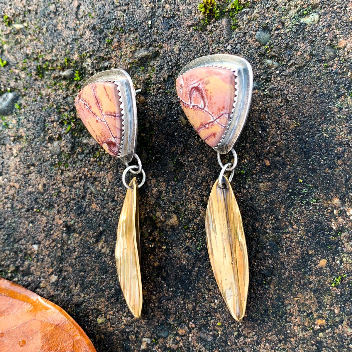 Dendritic Rhyolite Earrings w Brass Petal Dangles-4.jpg