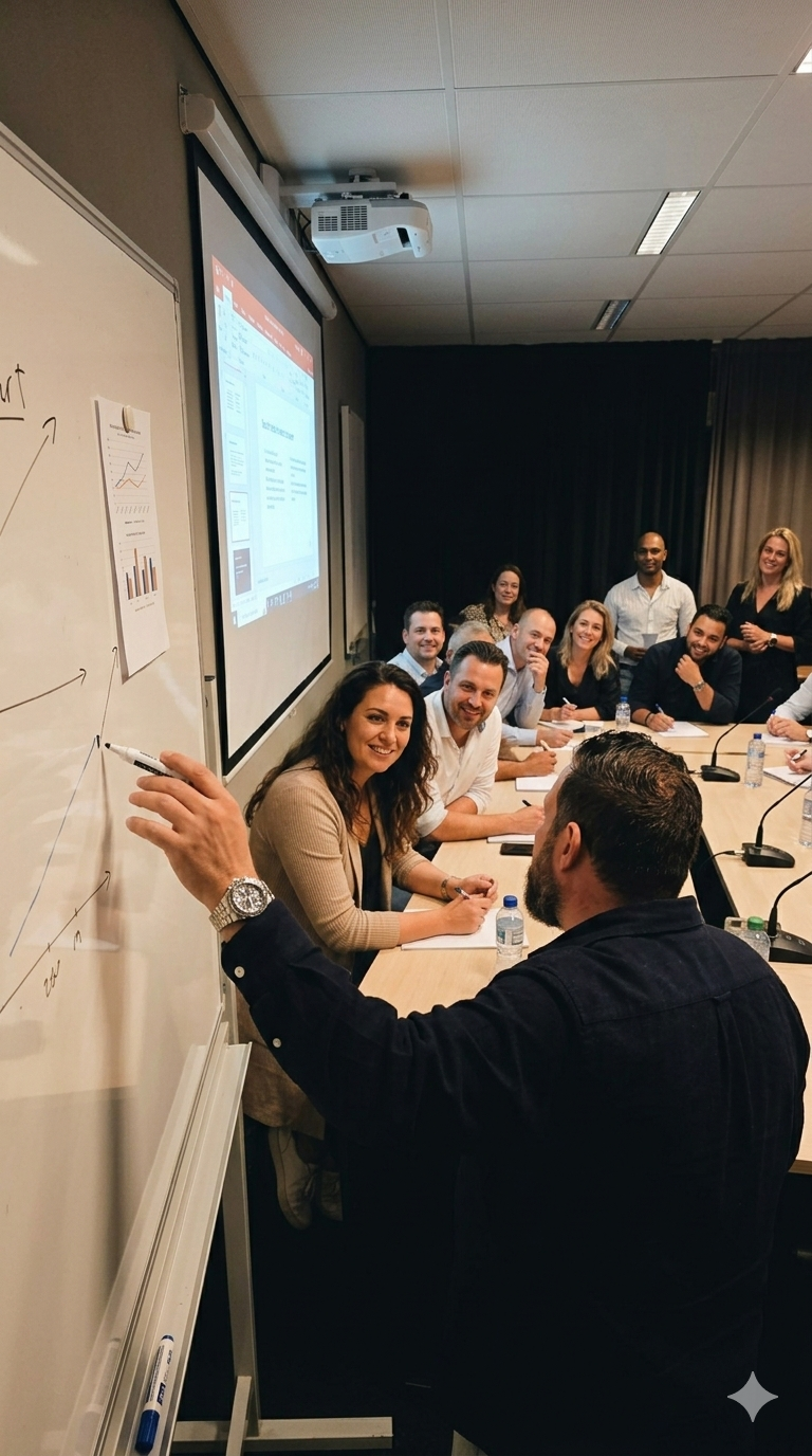 a man in pointing at a whiteboard in a conference room, people are engaged and smiling at him