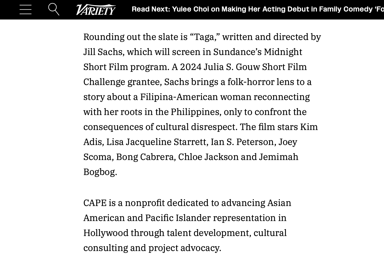 VARIETY: The Coalition of Asian Pacifics in Entertainment Backs Three Filmmakers at Sundance. January 13, 2026