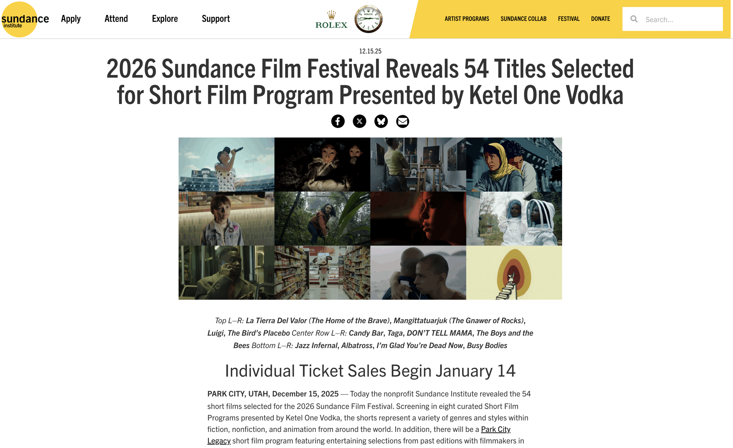 2026 Sundance Film Festival Reveals 54 Titles Selected for Short Film Program. December 15, 2025