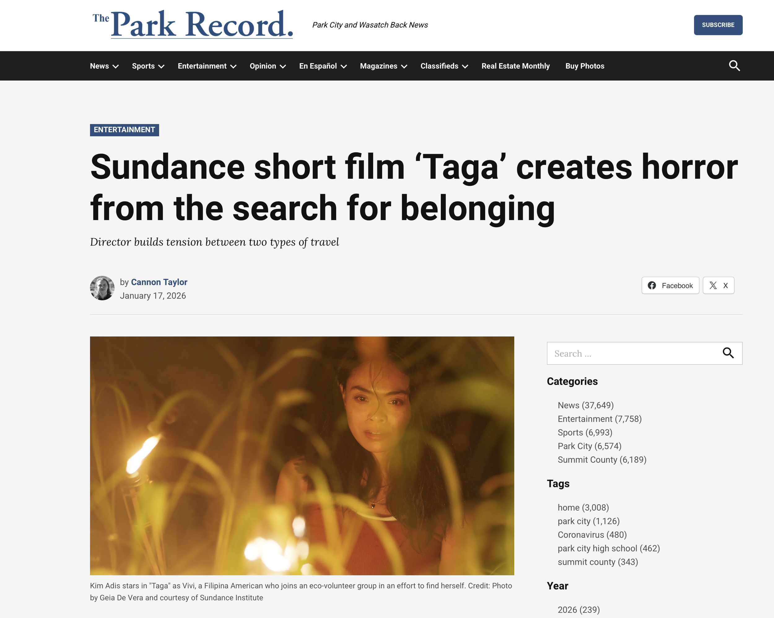 THE PARK RECORD: 
Sundance short film ‘Taga’ creates horror from the search for belonging. By: Cannon Taylor. January 17, 2026