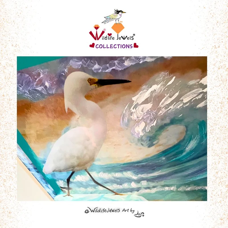 Wildlife Jewels® “White Opal the Egrets Beach House" Hand Embellished Matted Print