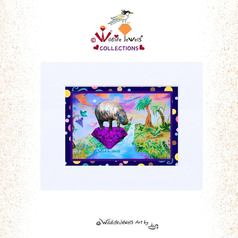 Wildlife Jewels  “Ametrine the Pygmy Hippo Gem Sunset Dreams”  Hand Embellished Matted Print