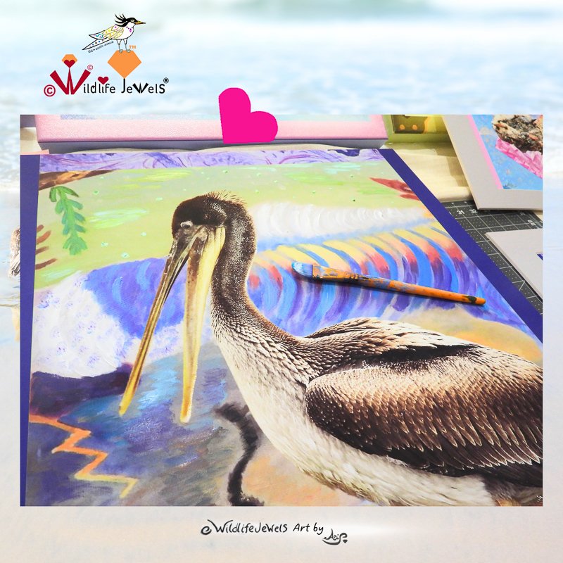 Wildlife Jewels  “Peach Sapphire the Pelican Gem's Dreams”  Hand-Embellished Canvas Print