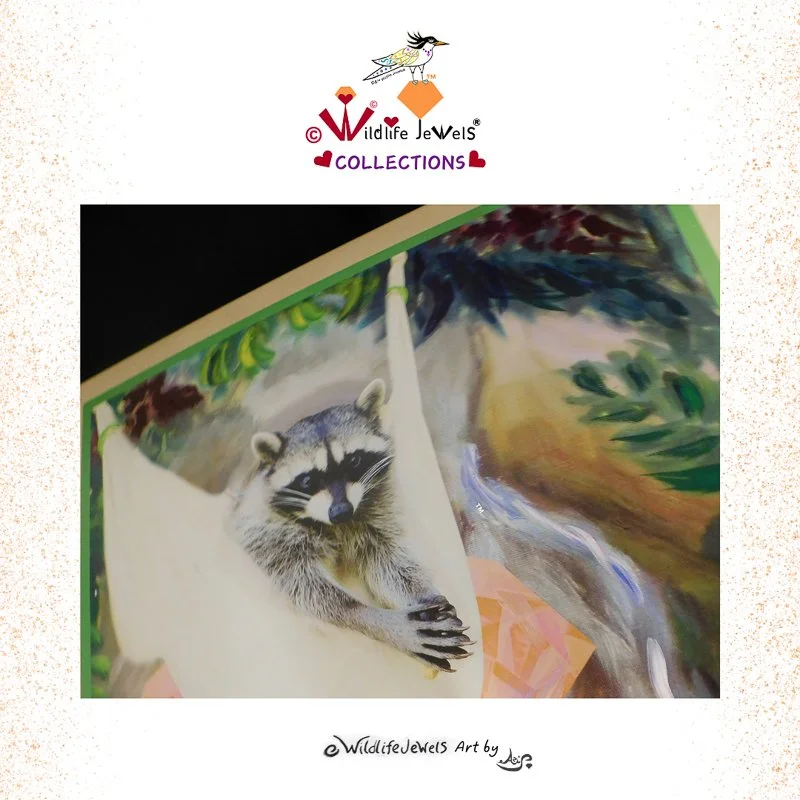 Wildlife Jewels x Project Wildlife “Morganite Rita the Raccoon Gem’s Waterfall Dreams” Hand Embellished Canvas Print
