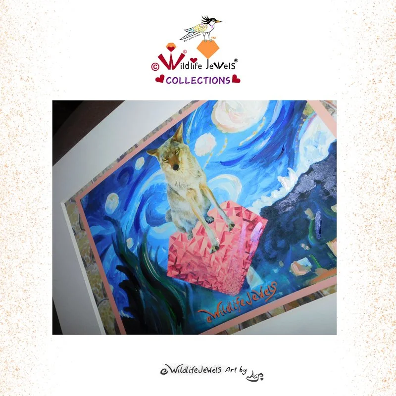 Wildlife Jewels “Fluorite the Coyote Gem’s Starry Night” Hand Embellished Matted Print