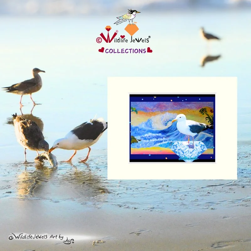 Wildlife Jewels “Gray Sapphire The Gull Gem's Dreams" Hand Embellished Matted Print