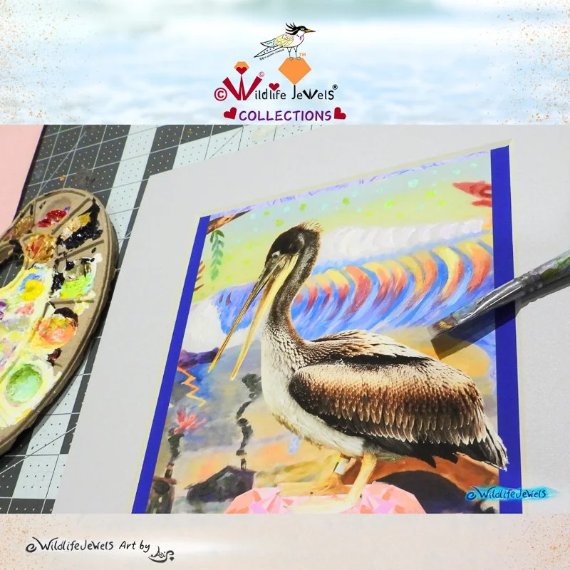 Wildlife Jewels  “Peach Sapphire the Pelican Gem's Dreams”  Hand-Embellished Fine Art Print