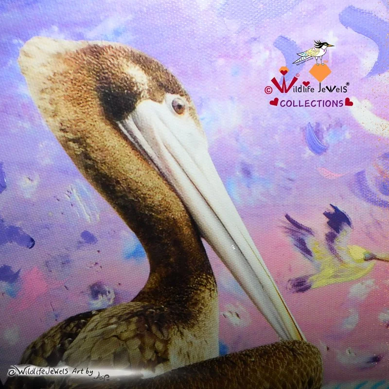 Wildlife Jewels® “Pink Tourmaline the Pelican’s Waves" Hand Embellished Canvas Print