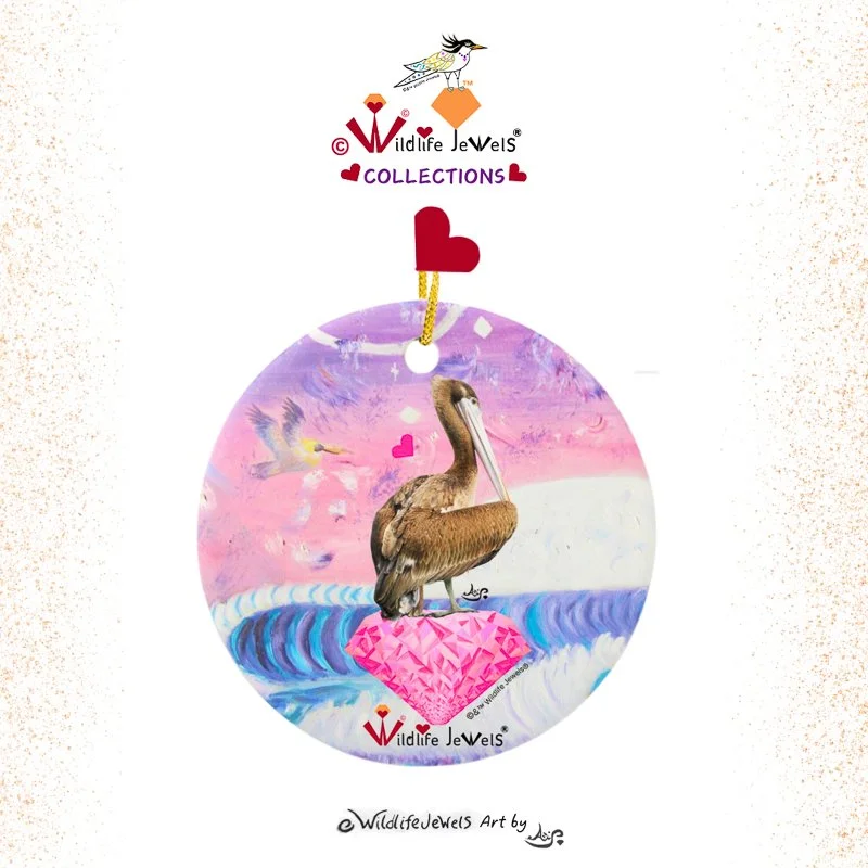 Wildlife Jewels® “Pink Tourmaline the Pelican’s Waves” Ceramic Ornament