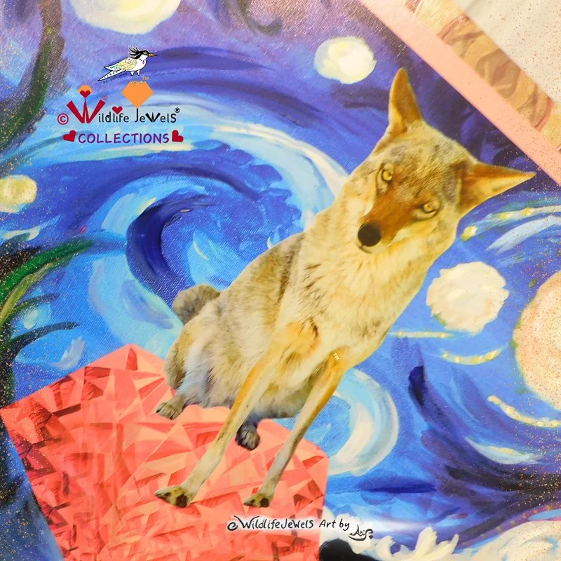 Wildlife Jewels  “Fluorite the Coyote Gem’s Starry Night” Hand Embellished Canvas Print