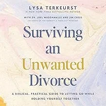 Book cover titled "Surviving an Unwanted Divorce" by Lysa TerKeurst, with a soft pastel background and minimalistic design.