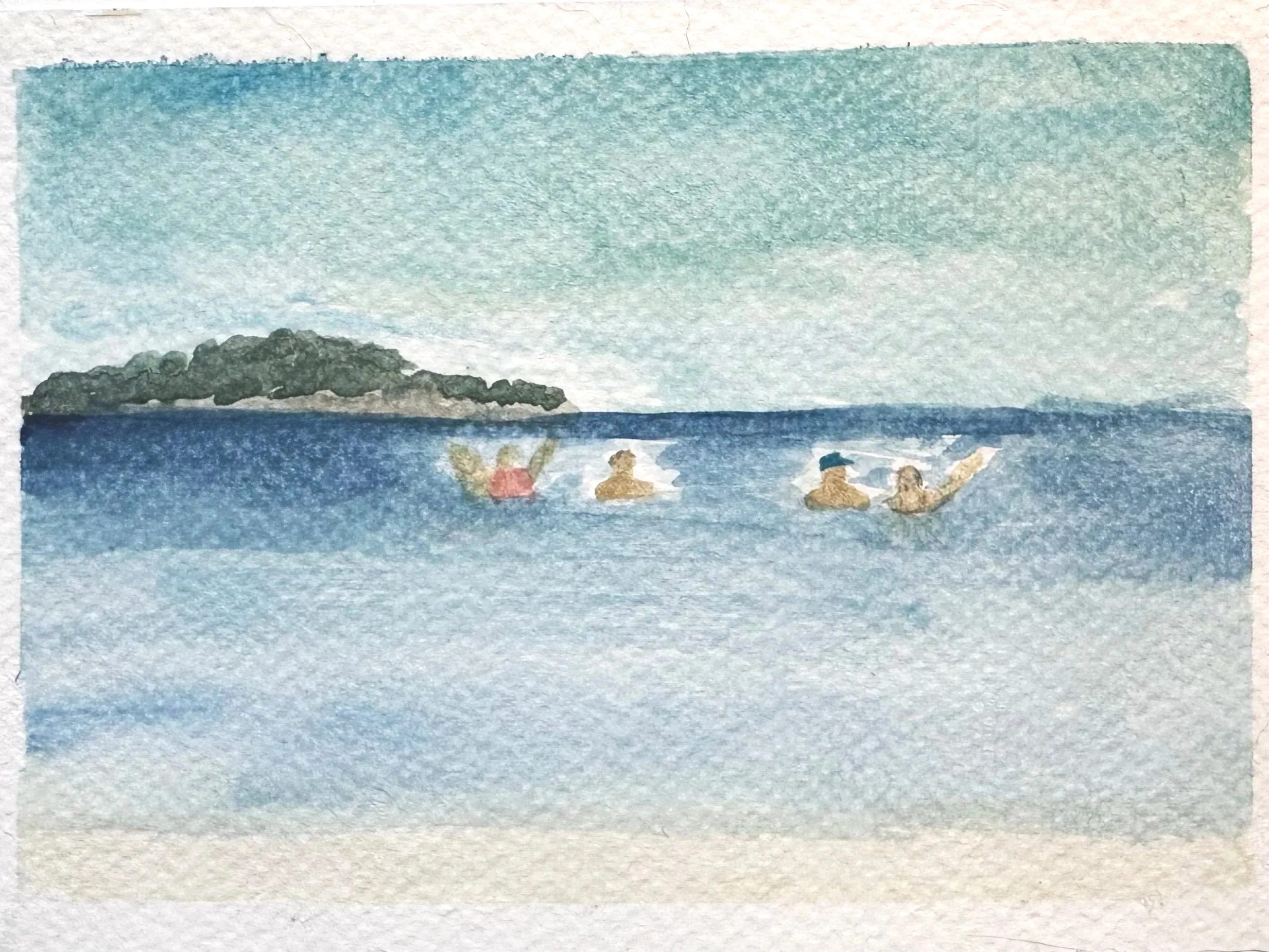 Four friends in the ocean, waving