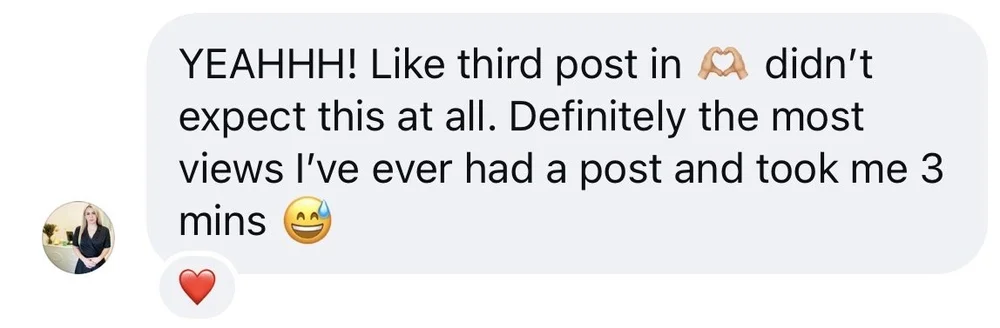 Her message: the most views she's ever had on a post, and it took three minutes