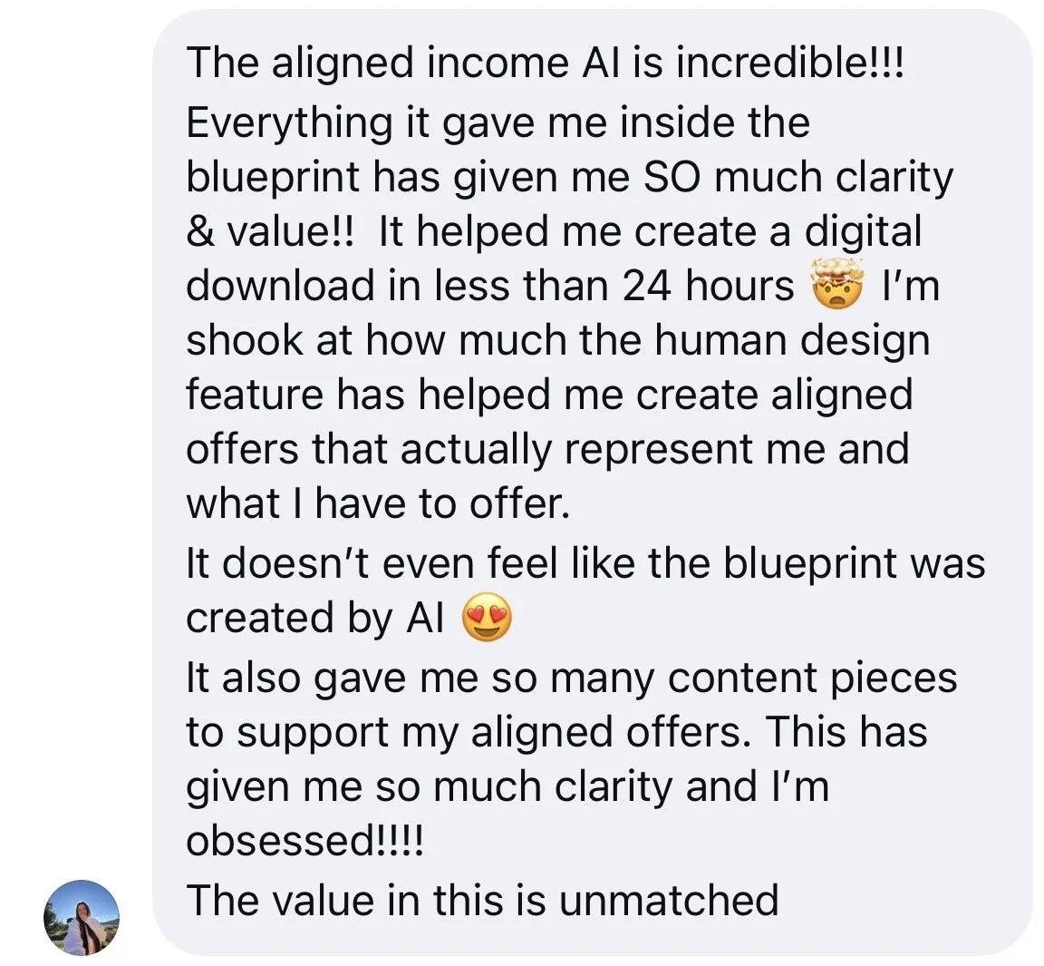 Screenshot of a testimonial about AI-powered blueprint creation, praising its clarity, speed, and content support, with emojis expressing excitement and admiration.