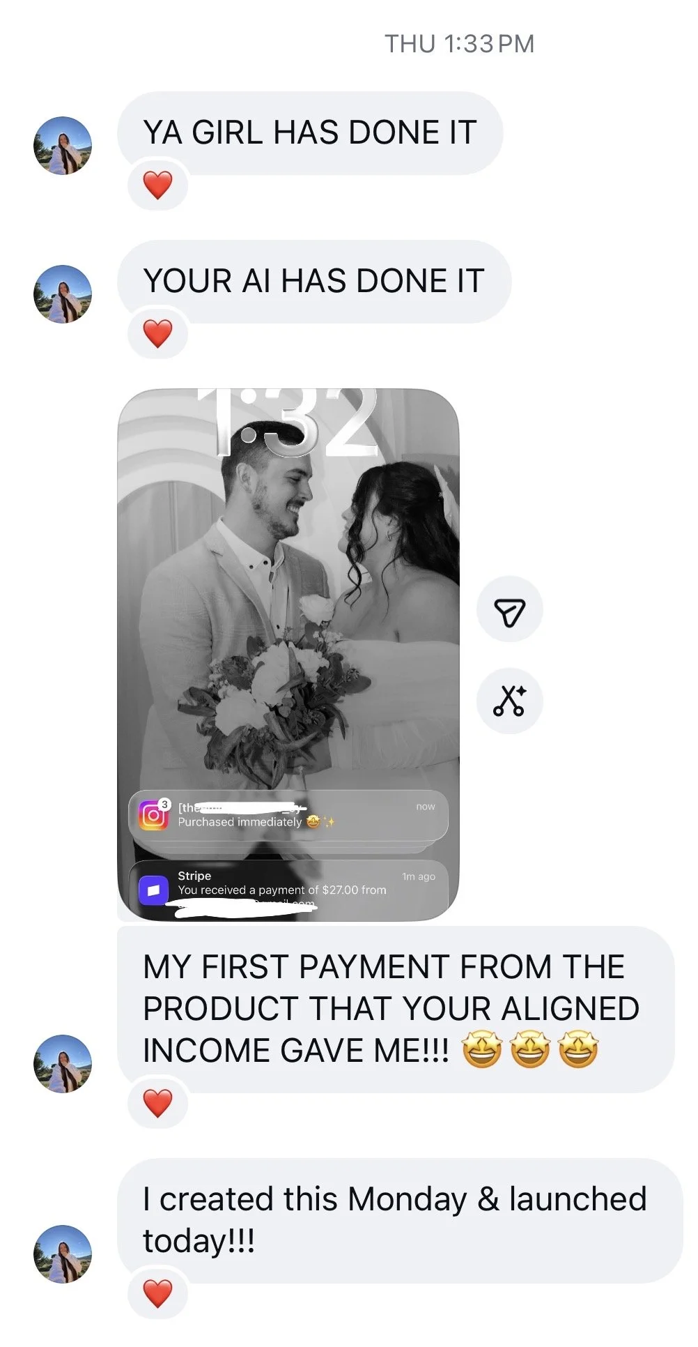 A screenshot of a chat conversation with a black and white photo of a smiling couple holding a bouquet of flowers, dressed in wedding attire, in the middle of the chat. The chat includes messages about earnings and a payment notification.