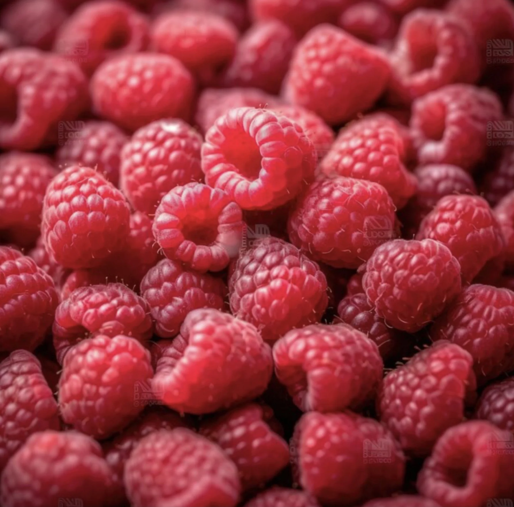 Close-up of fresh raspberries, showing their bright red color and textured surface.