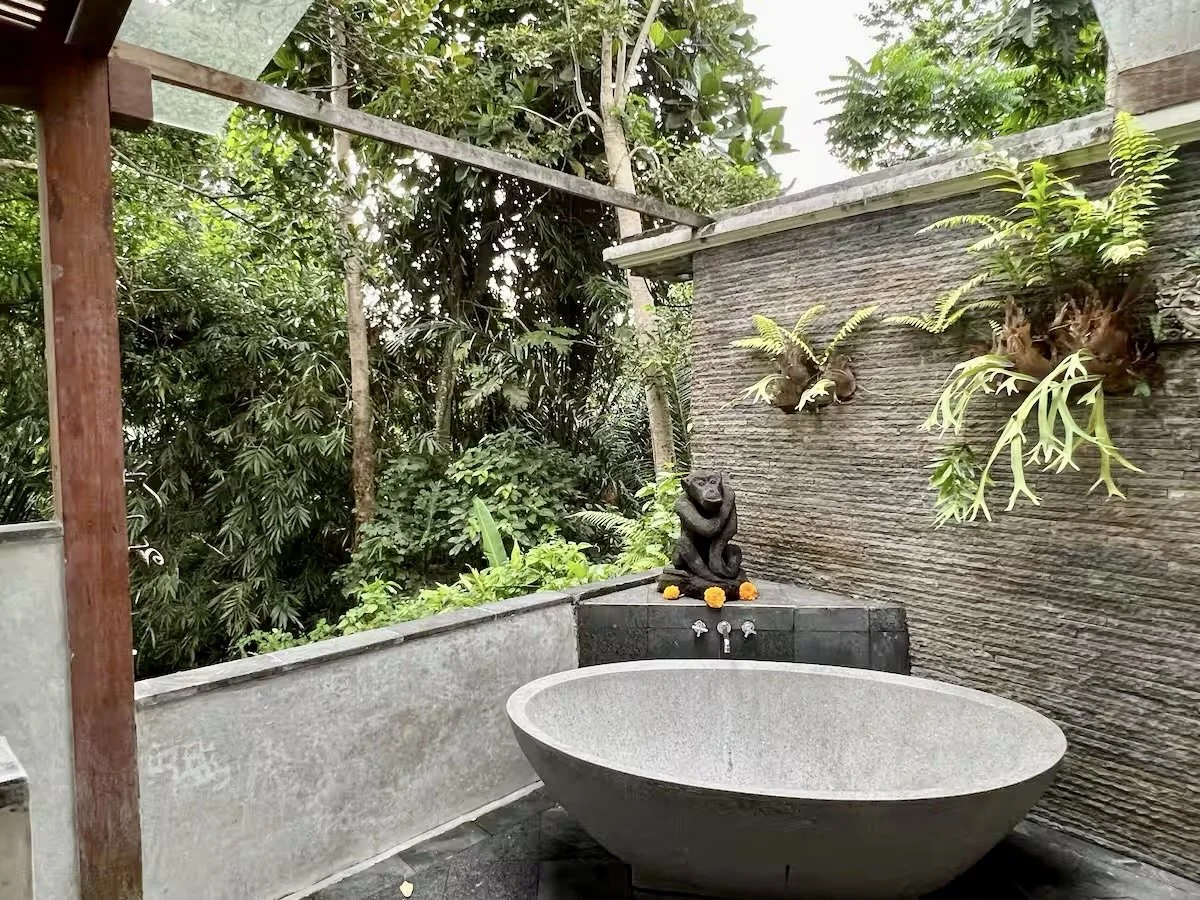 Outdoor bathtub on a balcony surrounded by greenery, with a stone wall for decoration, a frog statue, and tropical plants.