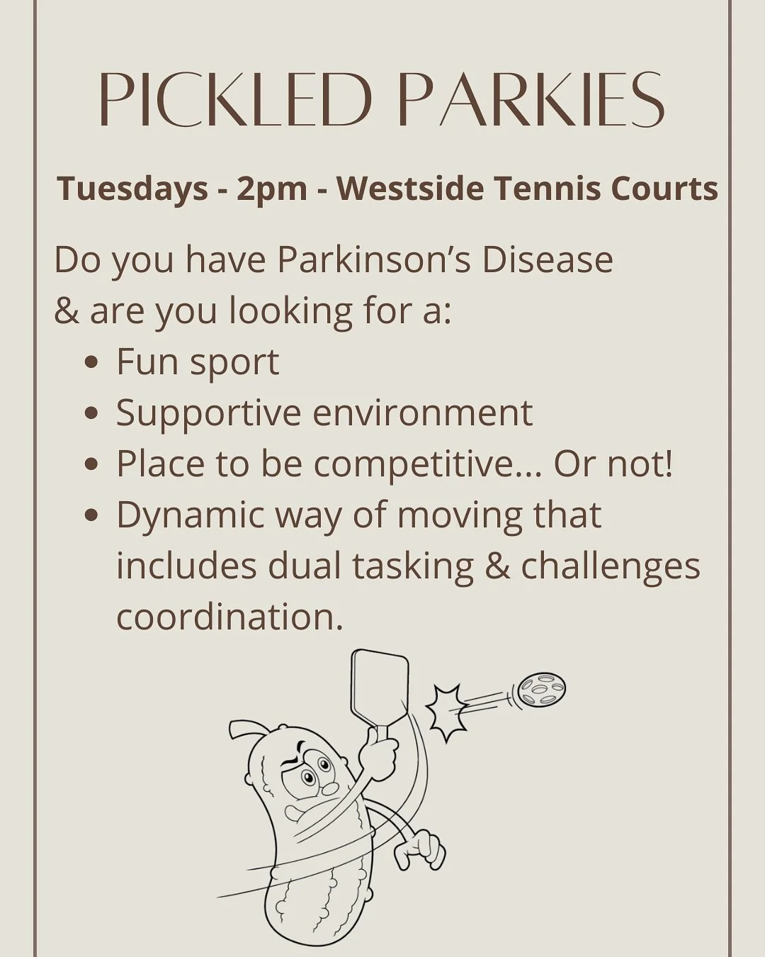 While we&rsquo;ve been banging on a lot about Women&rsquo;s Health Week, the other thing you need to hear about is Pickled Parkies!!

☀️ Come and have some fun in the sun, while working on your coordination, reaction time and dual tasking!
🎯 Pickleb