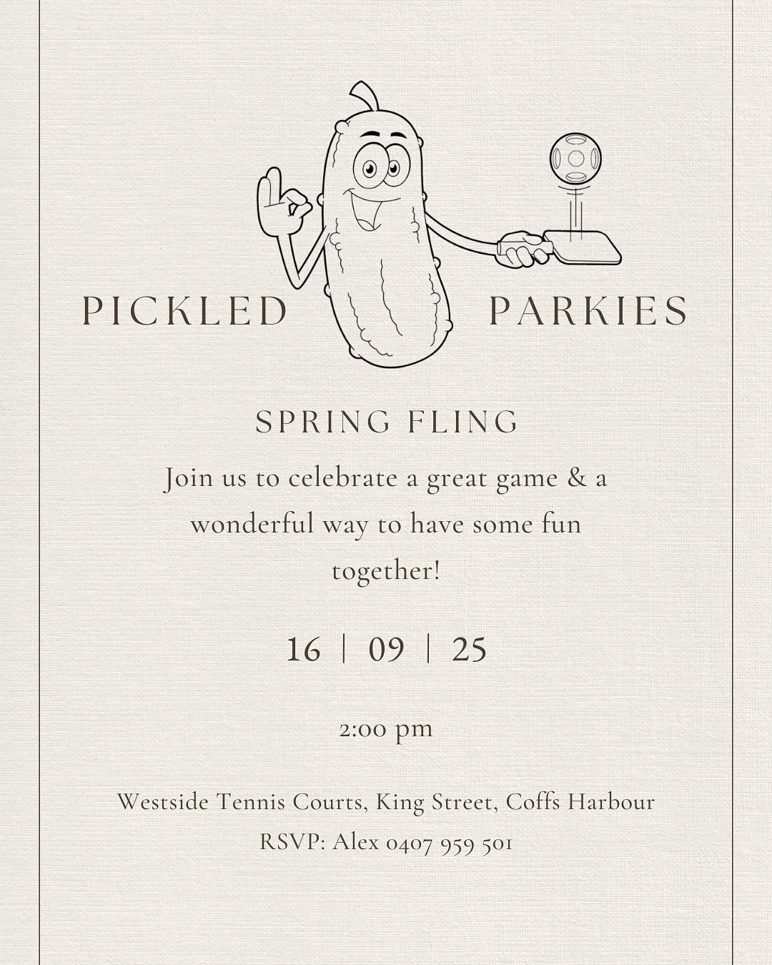 The Pickled Parkies &lsquo;Spring Fling&rsquo; is on in 2 weeks! 
____________

PICKLED PARKIES INVITE - 16TH SEPTEMBER 

Pickled Parkies is an exercise group for people with Parkinson&rsquo;s Disease, their friends and families. It&rsquo;s a fun, so