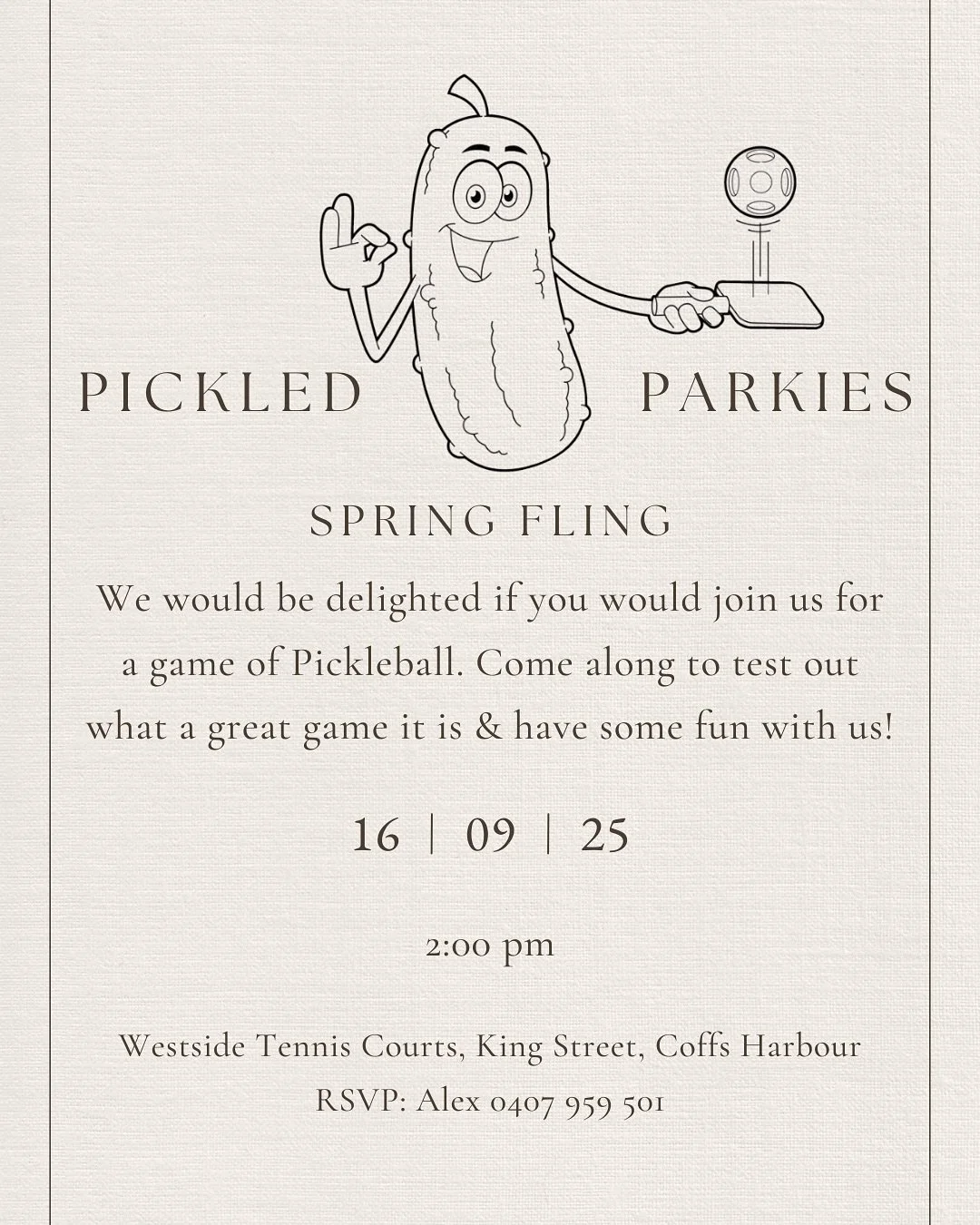 🏓 Our PICKLED PARKIES SPRING FLING is on tomorrow!!!
💥 Do you know or support someone with Parkinson&rsquo;s Disease?
💥 Have you been wanting to check out what Pickleball is all about?
🥒💥 🥒 COME ALONG!! 🥒💥🥒
🕑 2pm
📍 Westside Tennis Courts
✨
