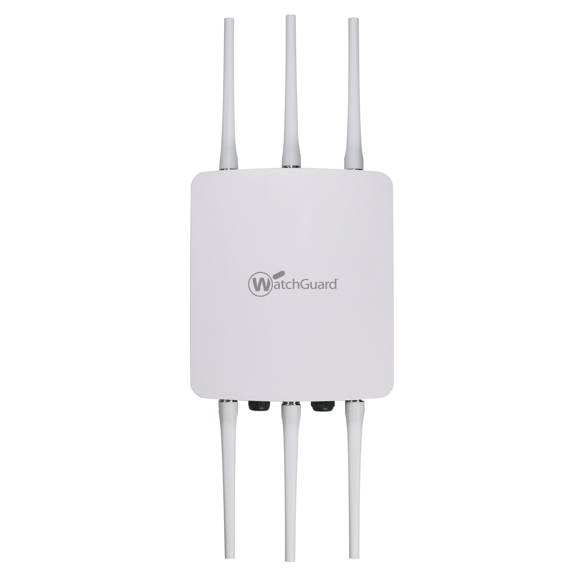 A white Wi-Fi router with three antennas and the WatchGuard logo, mounted on a wall with a grey background.