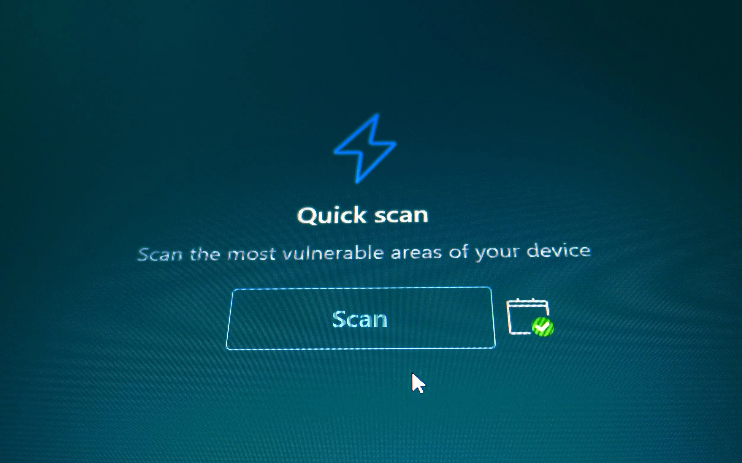 A computer screen showing a notification for a quick scan option with a lightning bolt icon and a scan button.