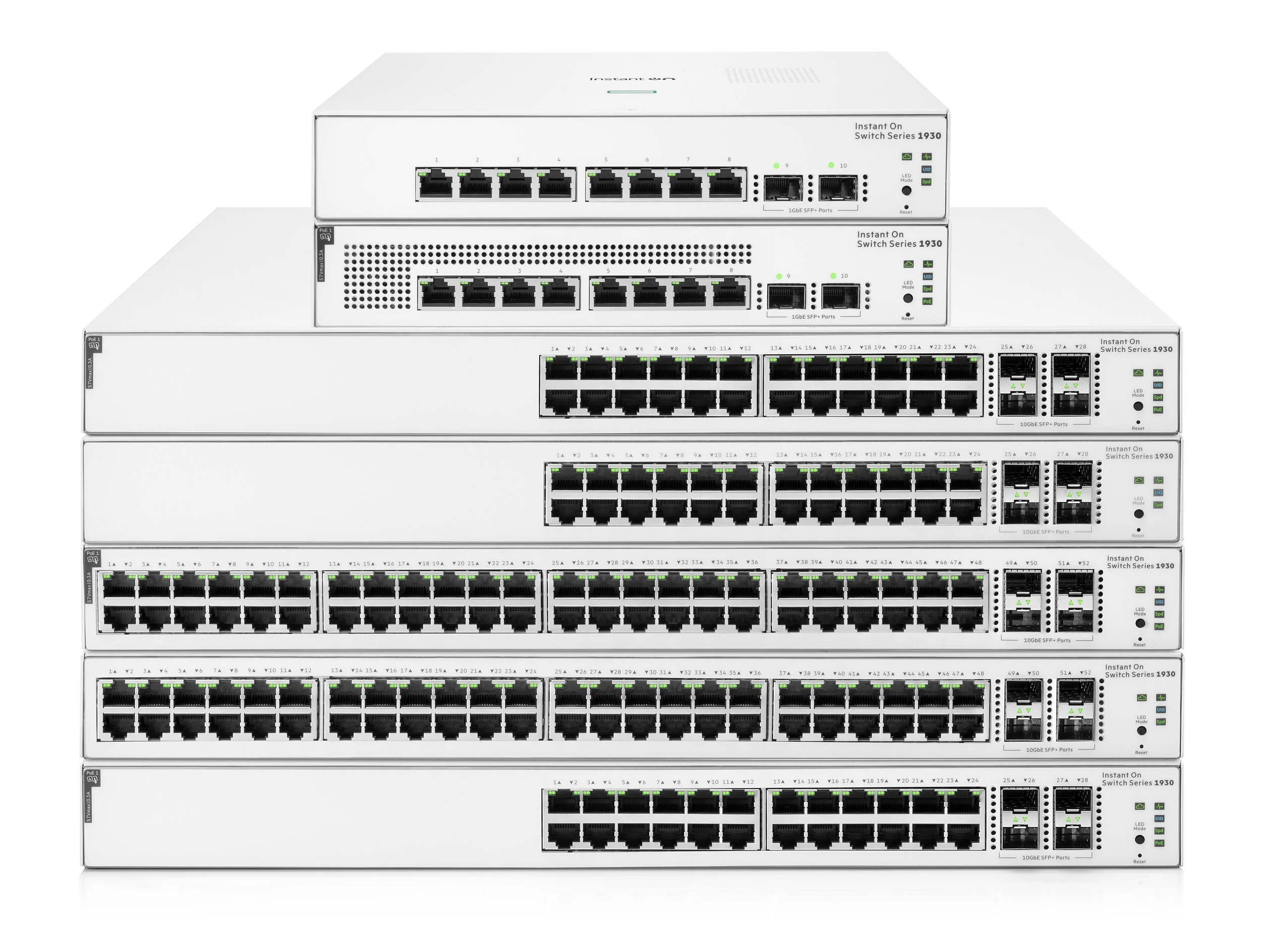 Stacked network switches with multiple Ethernet ports and indicator LEDs, used for networking.