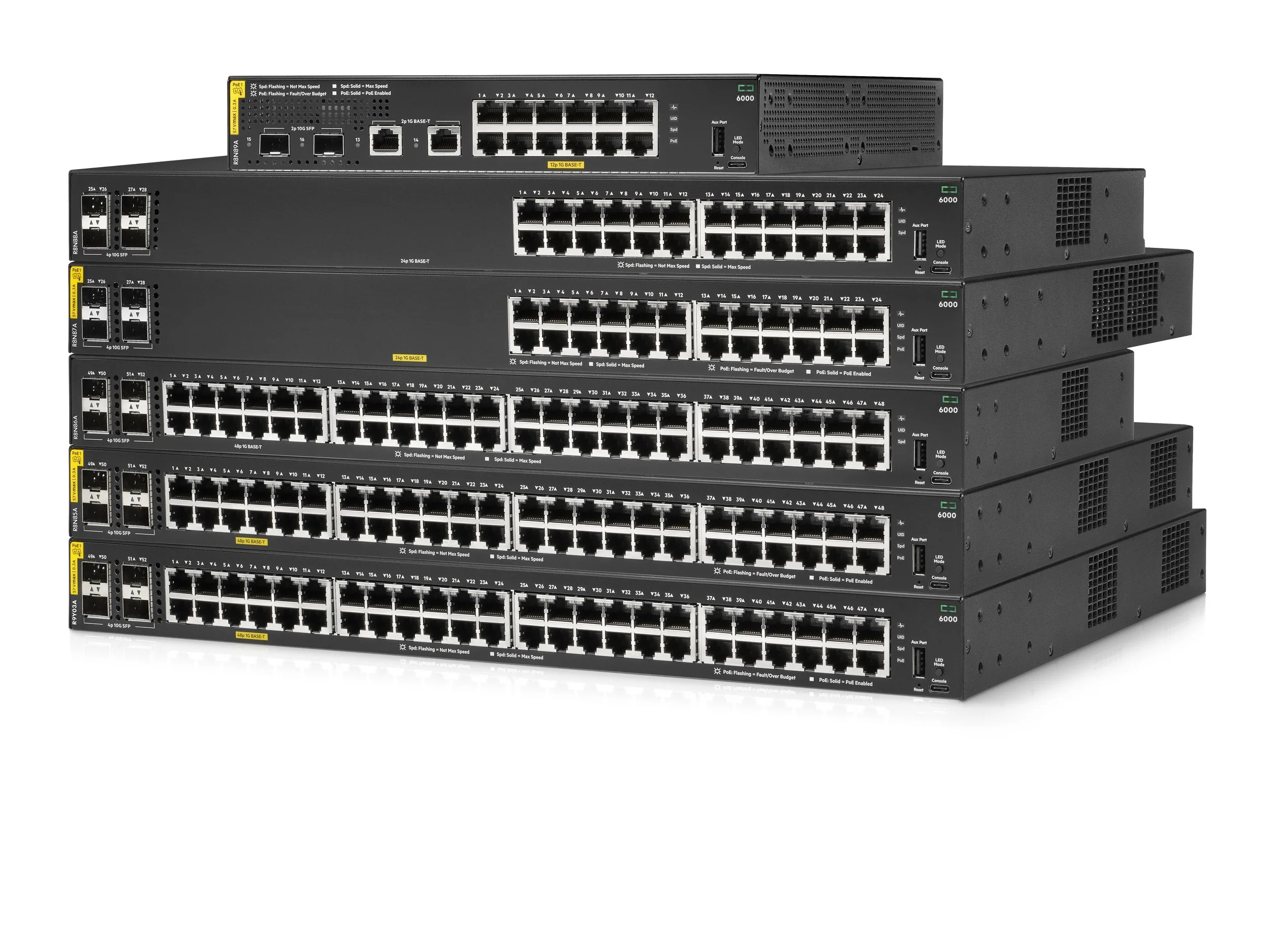 Stacked black network switches with multiple Ethernet ports and yellow labels, isolated on white background.