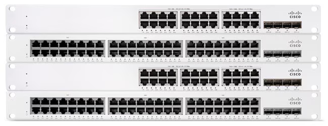 Four Cisco network switches with multiple Ethernet ports.