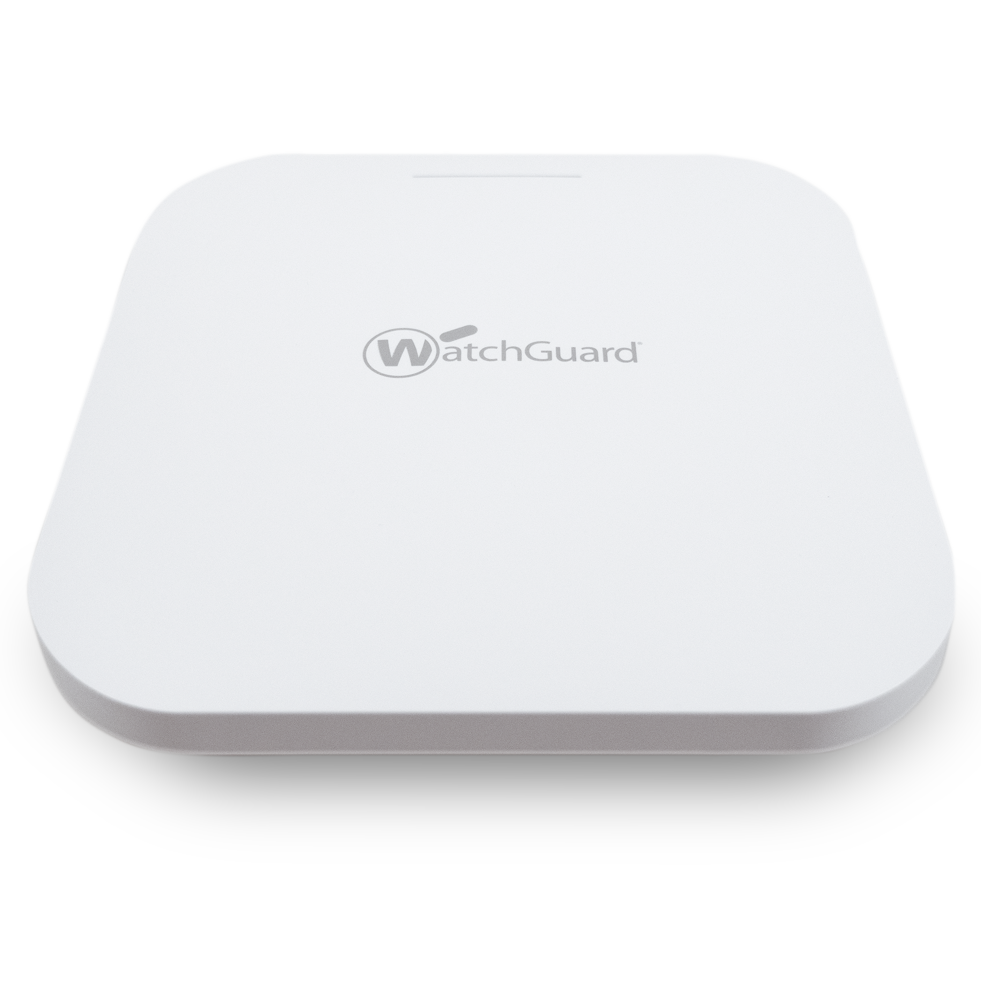 A white electronic device with the words WatchGuard on it, viewed from above with a black background.