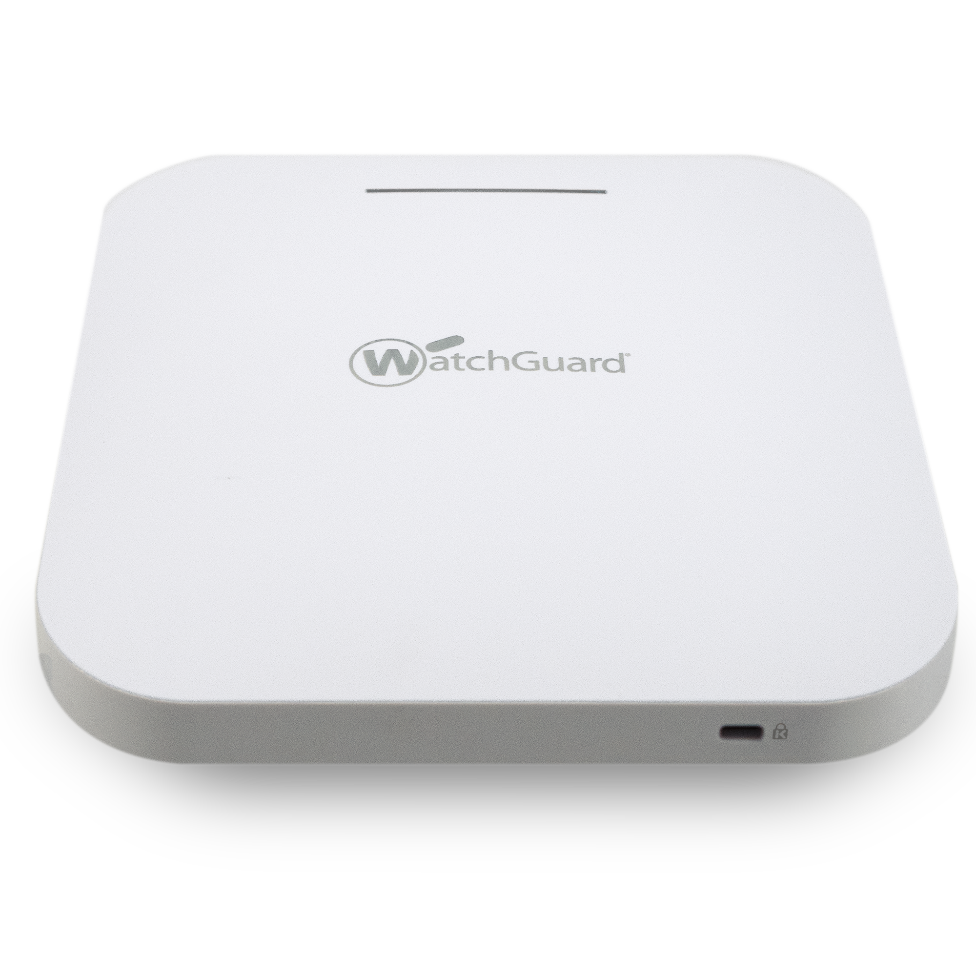 Close-up of a white WatchGuard device with the logo and a small lock icon on the bottom right corner.
