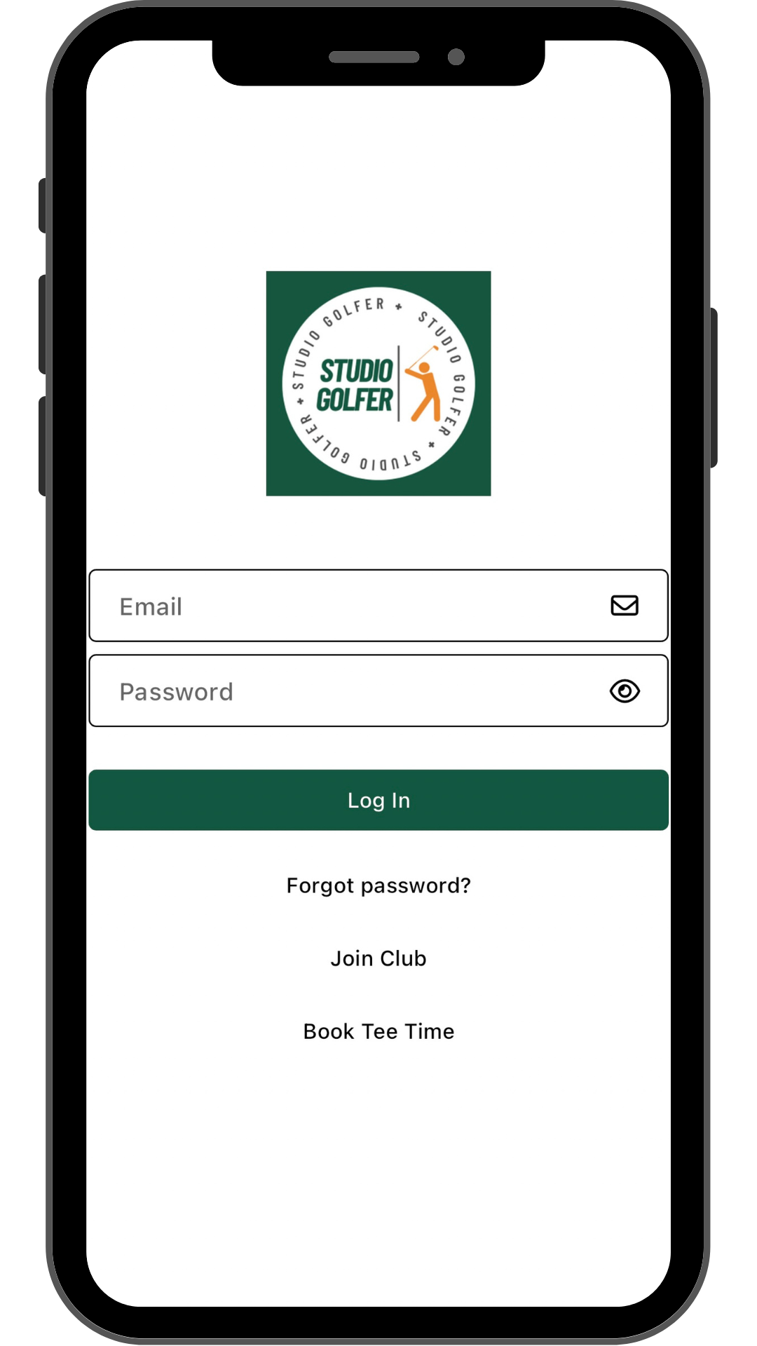 Mobile app login screen with logo labeled 'Studio Golfer,' featuring options for email and password input, and links for forgotten password, club membership, and tee-time booking.